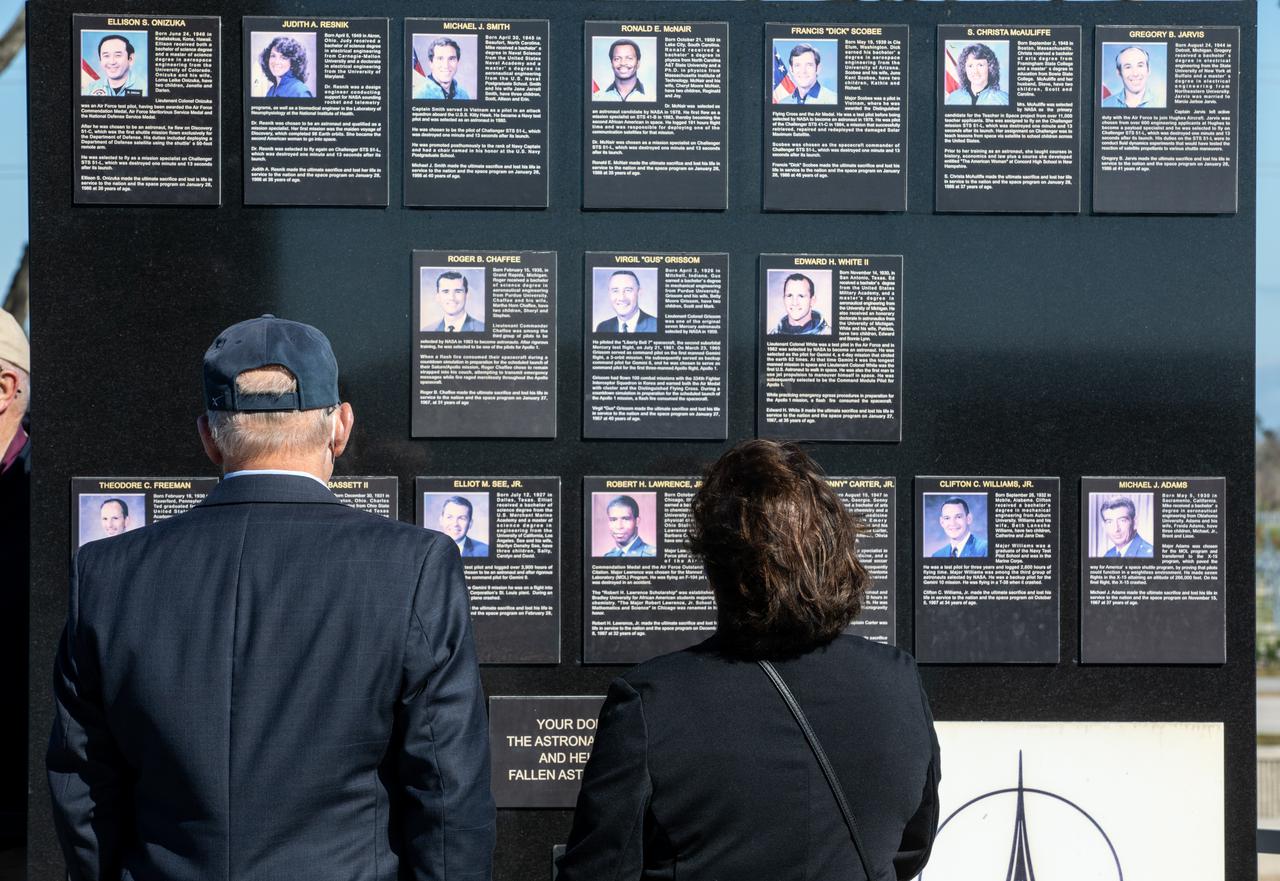 The crews of Apollo 1 and space shuttles Challenger and Columbia, as well as other fallen astronauts who lost their lives in the name of space exploration and discovery, are honored by NASA Kennedy Space Center employees and guests with a ceremony at the Kennedy Visitor Complex’s Space Mirror Memorial on Jan. 28, 2021. The date marked the 35th anniversary of the Challenger tragedy. NASA centers throughout the country participate in the agency’s annual Day of Remembrance memorial event.