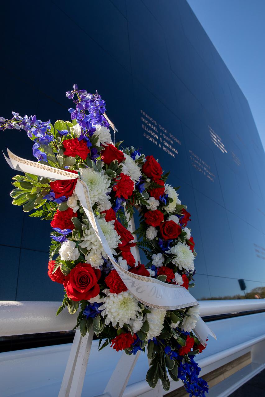 NASA’s Day of Remembrance is marked by a memorial wreath placed before the Space Mirror Memorial at the Kennedy Space Center Visitor Complex, Jan. 28, 2021. The mirror was dedicated in 1991 to honor all astronauts who lost their lives on missions or during training. During the Day of Remembrance, NASA centers across the country honor those astronauts who have fallen in the pursuit of space exploration.