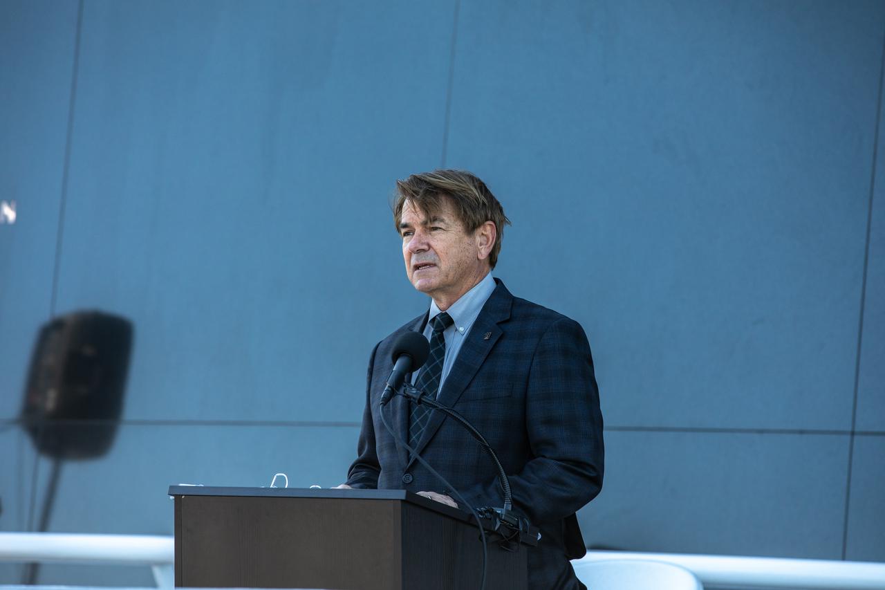 Astronauts Memorial Foundation President and CEO Thad Altman speaks during NASA’s Day of Remembrance ceremony on Thursday, Jan. 28, 2021, at the Kennedy Space Center Visitor Complex’s Space Mirror Memorial. The crews of Apollo 1 and space shuttles Challenger and Columbia, as well as other fallen astronauts who lost their lives in the name of space exploration and discovery, were honored by Kennedy employees and guests at the annual memorial event.