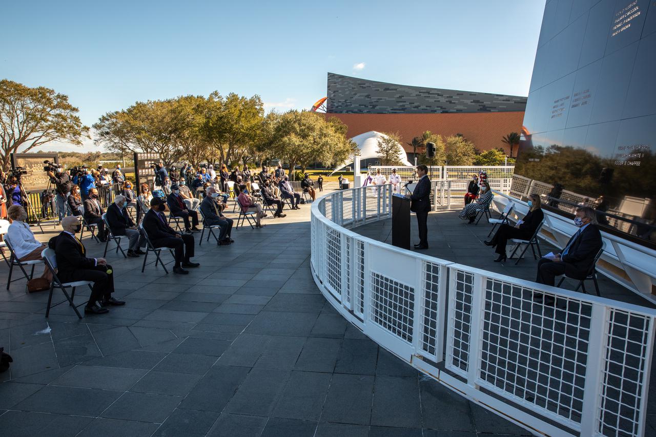 The crews of Apollo 1 and space shuttles Challenger and Columbia, as well as other fallen astronauts who lost their lives in the name of space exploration and discovery, are honored by NASA Kennedy Space Center employees and guests with a ceremony at the Kennedy Visitor Complex’s Space Mirror Memorial on Jan. 28, 2021. The date marked the 35th anniversary of the Challenger tragedy. NASA centers throughout the country participate in the agency’s annual Day of Remembrance memorial event.