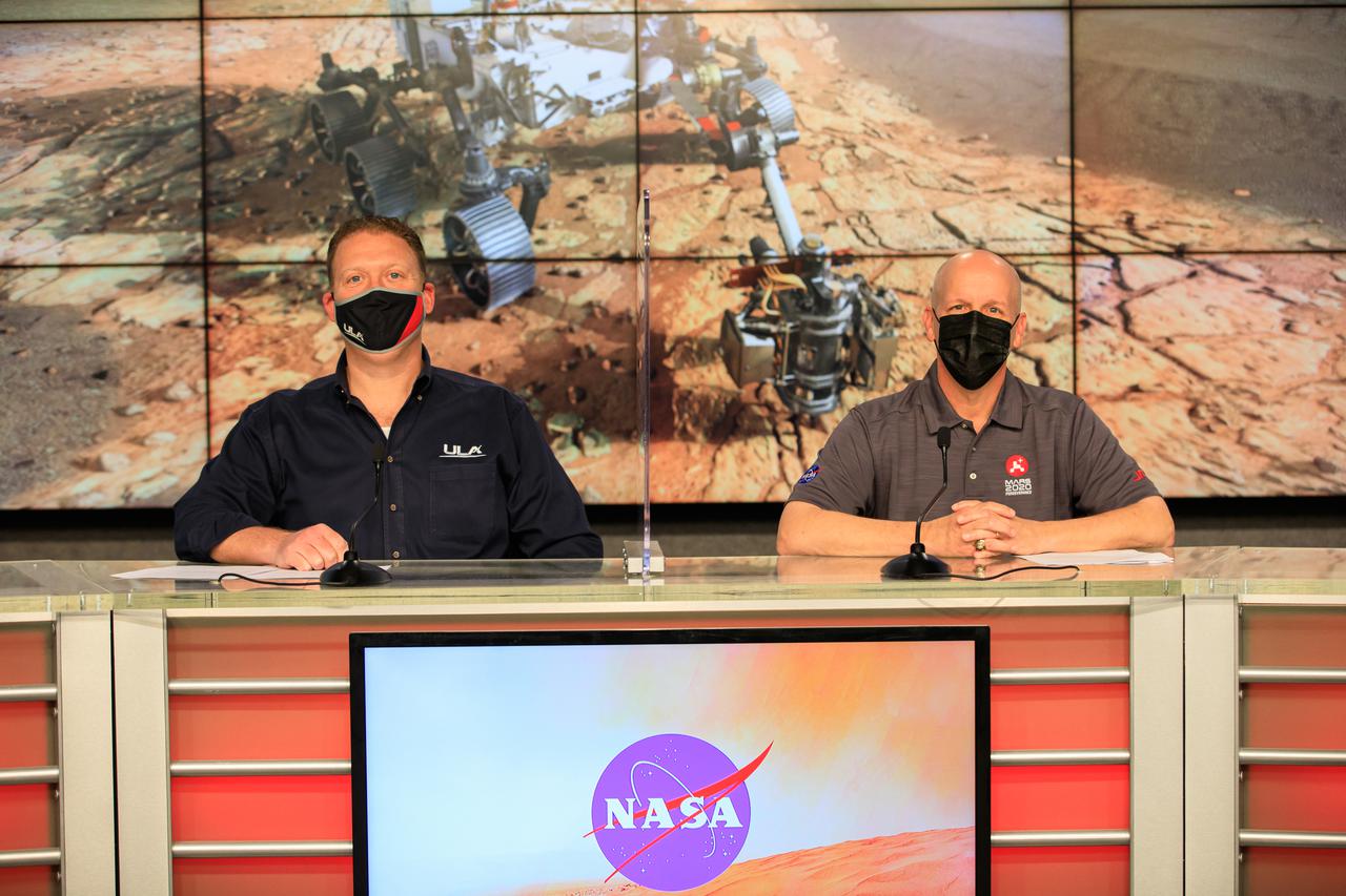 United Launch Alliance (ULA) Launch Conductor Dillon Rice, left, and NASA’s Launch Services Program (LSP) Launch Director Tim Dunn participate in a Mars 2020 Facebook live event inside the Press Site auditorium at NASA’s Kennedy Space Center in Florida on Feb. 12, 2021. During the event, Rice and Dunn discussed the partnership between ULA and LSP, as well as major milestones that led to the Mars 2020 launch, and how launches to Mars have changed over time. NASA’s Mars Perseverance rover lifted off from Cape Canaveral Space Force Station’s Space Launch Complex 41 on July 30, 2020, and is slated to touch down on the Red Planet Feb. 18, 2021.