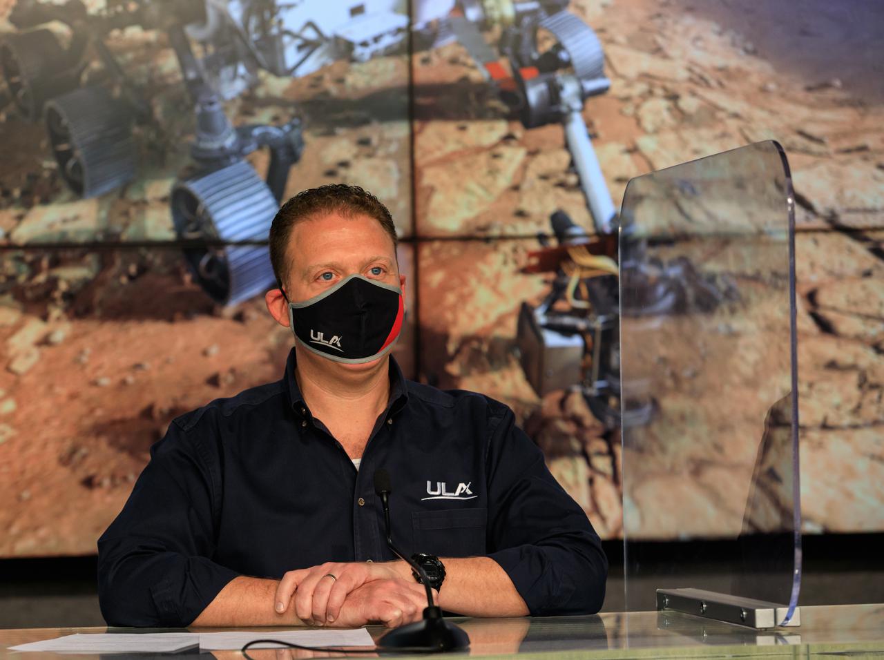 United Launch Alliance (ULA) Launch Conductor Dillon Rice participates in a Mars 2020 Facebook live event inside the Press Site auditorium at NASA’s Kennedy Space Center in Florida on Feb. 12, 2021. During the event, Rice and Tim Dunn, launch director for NASA’s Launch Services Program (LSP), discussed the partnership between ULA and LSP, as well as major milestones that led to the Mars 2020 launch, and how launches to Mars have changed over time. NASA’s Mars Perseverance rover lifted off from Cape Canaveral Space Force Station’s Space Launch Complex 41 on July 30, 2020, and is slated to touch down on the Red Planet Feb. 18, 2021. 