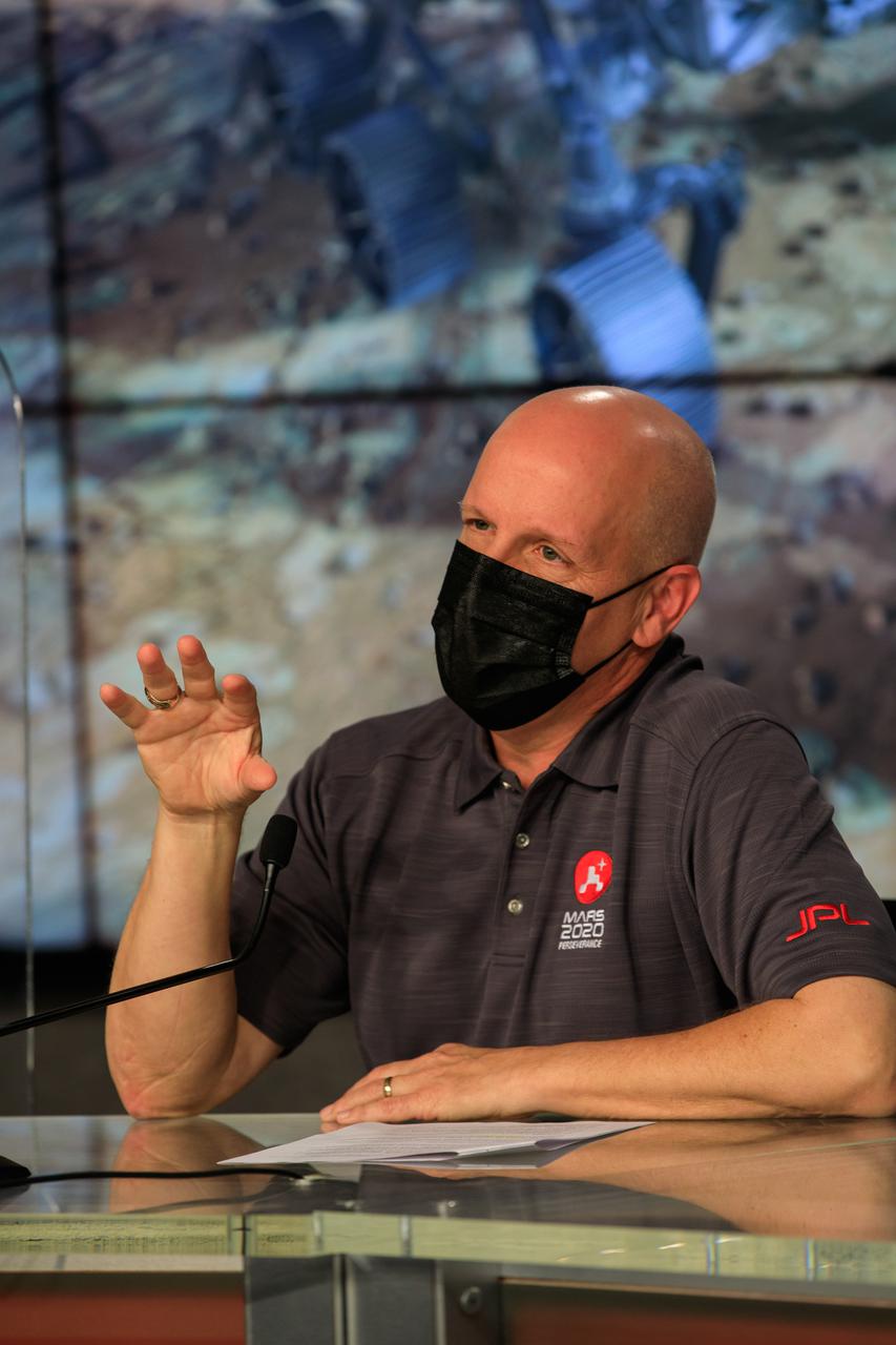 NASA’s Launch Services Program (LSP) Launch Director Tim Dunn participates in a Mars 2020 Facebook live event inside the Press Site auditorium at NASA’s Kennedy Space Center in Florida on Feb. 12, 2021. During the event, Dunn and Dillon Rice, launch conductor for United Launch Alliance (ULA), discussed the partnership between ULA and LSP, as well as major milestones that led to the Mars 2020 launch, and how launches to Mars have changed over time. NASA’s Mars Perseverance rover lifted off from Cape Canaveral Space Force Station’s Space Launch Complex 41 on July 30, 2020, and is slated to touch down on the Red Planet Feb. 18, 2021.