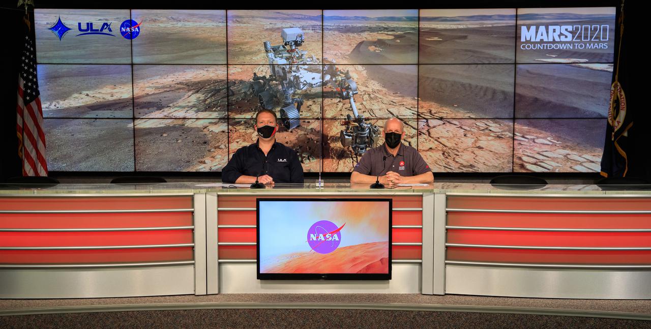 United Launch Alliance (ULA) Launch Conductor Dillon Rice, left, and NASA’s Launch Services Program (LSP) Launch Director Tim Dunn participate in a Mars 2020 Facebook live event inside the Press Site auditorium at NASA’s Kennedy Space Center in Florida on Feb. 12, 2021. During the event, Rice and Dunn discussed the partnership between ULA and LSP, as well as major milestones that led to the Mars 2020 launch, and how launches to Mars have changed over time. NASA’s Mars Perseverance rover lifted off from Cape Canaveral Space Force Station’s Space Launch Complex 41 on July 30, 2020, and is slated to touch down on the Red Planet Feb. 18, 2021. 