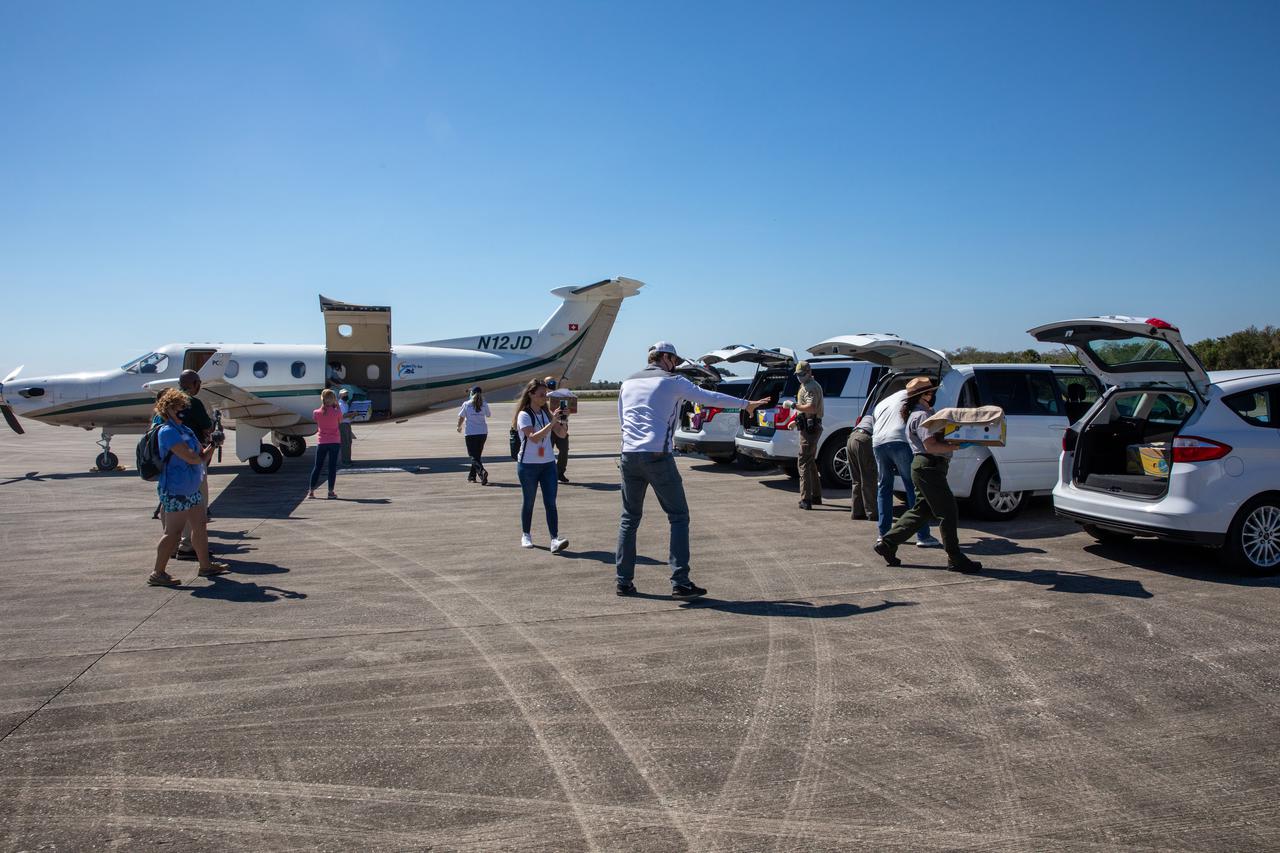 Staff with NASA and partner agencies help to unpack the containers of Kemp’s ridley and other sea turtles from the PC12 aircraft that arrived at the Launch and Landing Facility, managed by Space Florida, at NASA’s Kennedy Space Center in Florida on Feb. 26, 2021. The rescued and rehabilitated turtles were flown from aquatic centers in Massachusetts and New York. The containers of turtles will be transferred to vehicles for the short trip to the Canaveral National Seashore, where they will be released into the Atlantic Ocean. NASA, U.S. Fish and Wildlife Service, NOAA Fisheries, Space Florida, and Herndon Solutions Group, the center’s environmental services contractor, provided support. The Turtles Fly Too organization provided the flight to Kennedy. All marine turtle footage/images was obtained with the approval of the Florida Fish and Wildlife Conservation Commission (FWC) under conditions not harmful to marine turtles. Footage was acquired while conducting authorized conservation activities pursuant to: FWC 2021 Consent Permit, MTP-21-005 and MTP-21-114.
