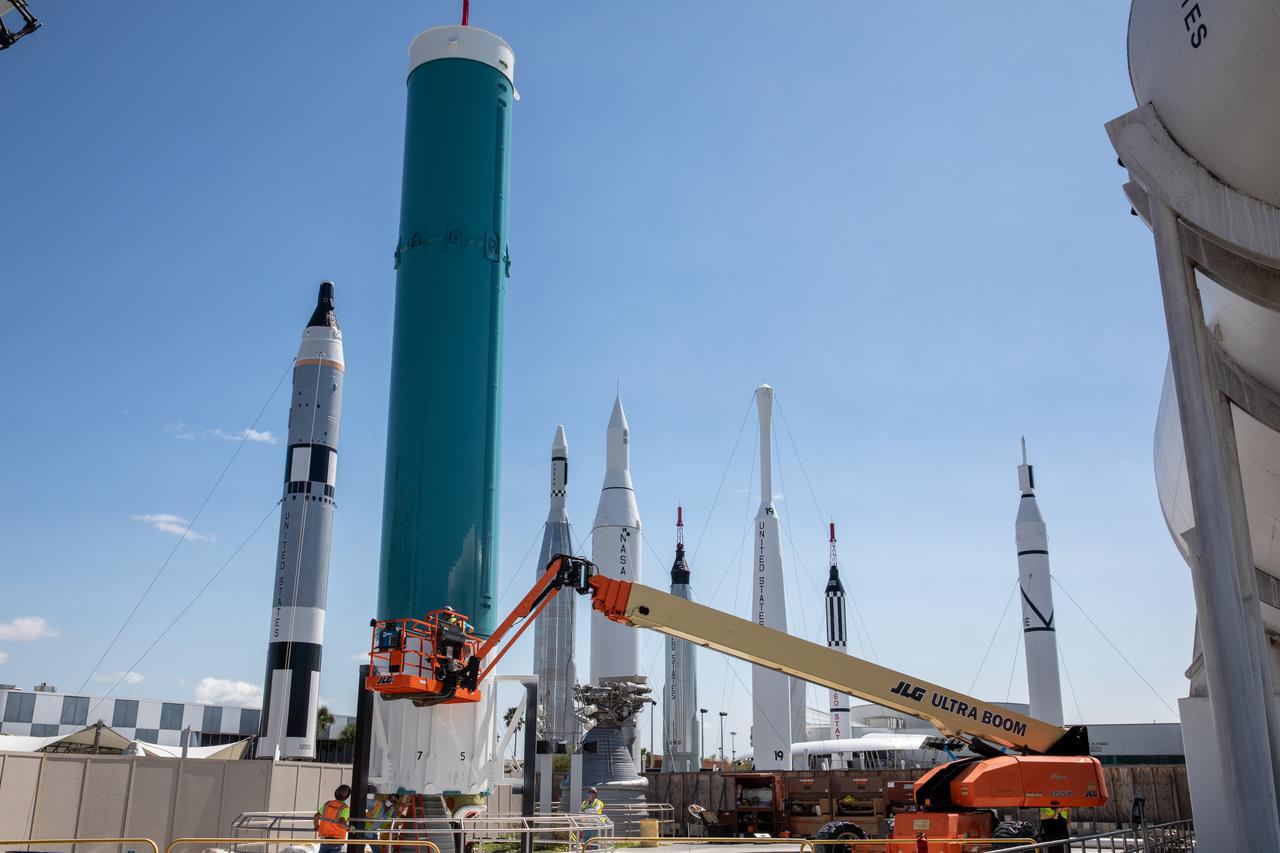 The last United Launch Alliance Delta II rocket joined the lineup of historic launch vehicles in the Rocket Garden at the Kennedy Space Center Visitor Complex in Florida, on March 3, 2021. Workers use a crane to stack the segments of the Delta II in its display area. The Delta II rocket was a workhorse for NASA and civilian scientists, the U.S. military, and commercial clients throughout its almost 30 years of service. Since its first launch in 1989, the Delta II has launched 154 successful missions. NASA’s Launch Services Program launched the ICESat-2 spacecraft on the final Delta II launch on Sept. 15, 2018, from Vandenberg Air Force Base in California.