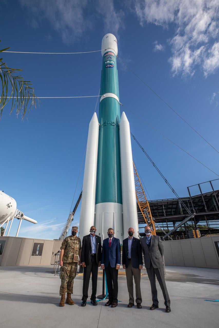 The last United Launch Alliance Delta II rocket joins the lineup of historic launch vehicles in the Rocket Garden during a ribbon-cutting ceremony at the Kennedy Space Center Visitor Complex in Florida, on March 23, 2021. From left, are Brigadier General Stephen Purdy Jr., 45th Space Wing commander and Eastern Range director, Patrick Space Force Base and Cape Canaveral Air Force Station; Ron Fortson, director and general manager, Launch Operations, United Launch Alliance; Kennedy Space Center Director Bob Cabana; Tim Dunn, launch director, Launch Services Program; and Therrin Protze, chief operating officer, Delaware North/KSCVC. The Delta II rocket was a workhorse for NASA and civilian scientists, the U.S. military, and commercial clients throughout its almost 30 years of service. Since its first launch in 1989, the Delta II has launched 154 successful missions. NASA’s Launch Services Program launched the ICESat-2 spacecraft on the final Delta II launch for the agency on Sept. 15, 2018, from Vandenberg Air Force Base in California.