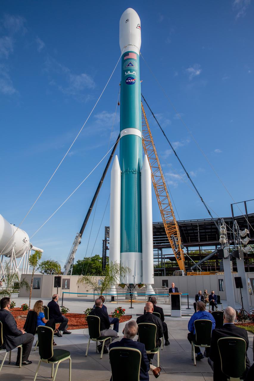 Guests attend a ribbon-cutting ceremony for the last United Launch Alliance Delta II rocket as it joins the lineup of historic launch vehicles in the Rocket Garden at the Kennedy Space Center Visitor Complex in Florida, on March 23, 2021. The Delta II rocket was a workhorse for NASA and civilian scientists, the U.S. military, and commercial clients throughout its almost 30 years of service. Since its first launch in 1989, the Delta II has launched 154 successful missions. NASA’s Launch Services Program launched the ICESat-2 spacecraft on the final Delta II launch on Sept. 15, 2018, from Vandenberg Air Force Base in California.