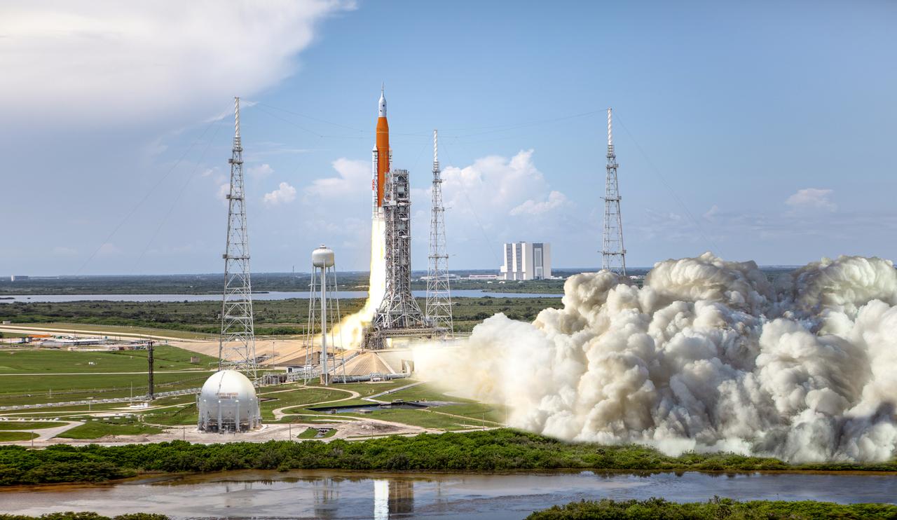 The following artist rendering shows NASA’s Space Launch System (SLS) rocket and Orion spacecraft lifting off from Kennedy Space Center’s Launch Pad 39B for the Artemis I mission -- an uncrewed test flight that will provide a foundation for human deep space exploration. Under the Artemis program, NASA will launch the first woman and next man to the lunar surface, using the Moon as a testing ground before venturing on to Mars.