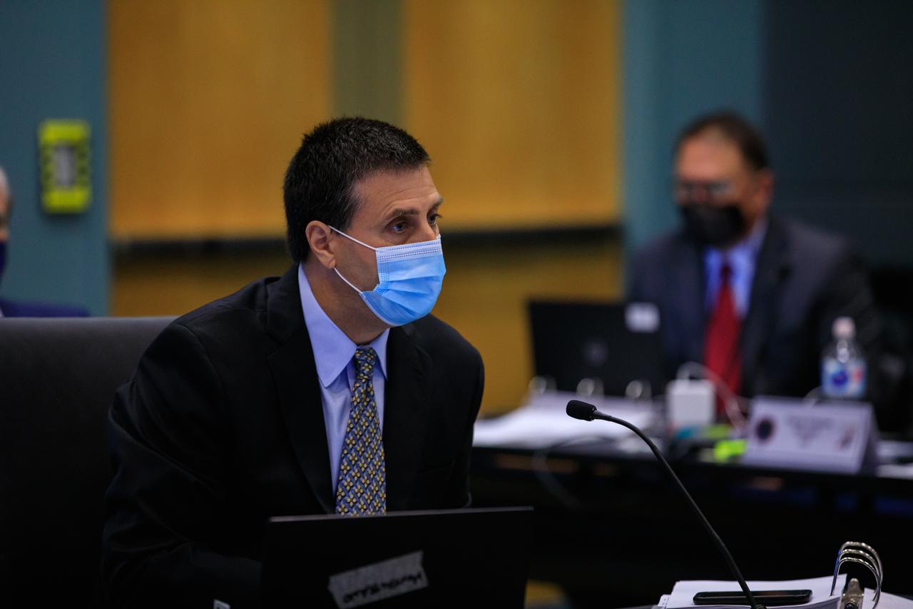 Joel Montalbano, manger, International Space Station, Johnson Space Center, listens in during NASA’s SpaceX Crew-2 Flight Readiness Review at Kennedy Space Center on April 15, 2021. The mission is targeted to launch from the Florida Spaceport’s Launch Complex 39A on April 22 at 6:11 a.m. EDT. NASA astronauts Shane Kimbrough and  Megan McArthur, JAXA astronaut Akihiko Hoshide, and ESA astronaut Thomas Pesquet will fly to the station aboard SpaceX’s Crew Dragon Endeavour, powered by the company’s Falcon 9 rocket.