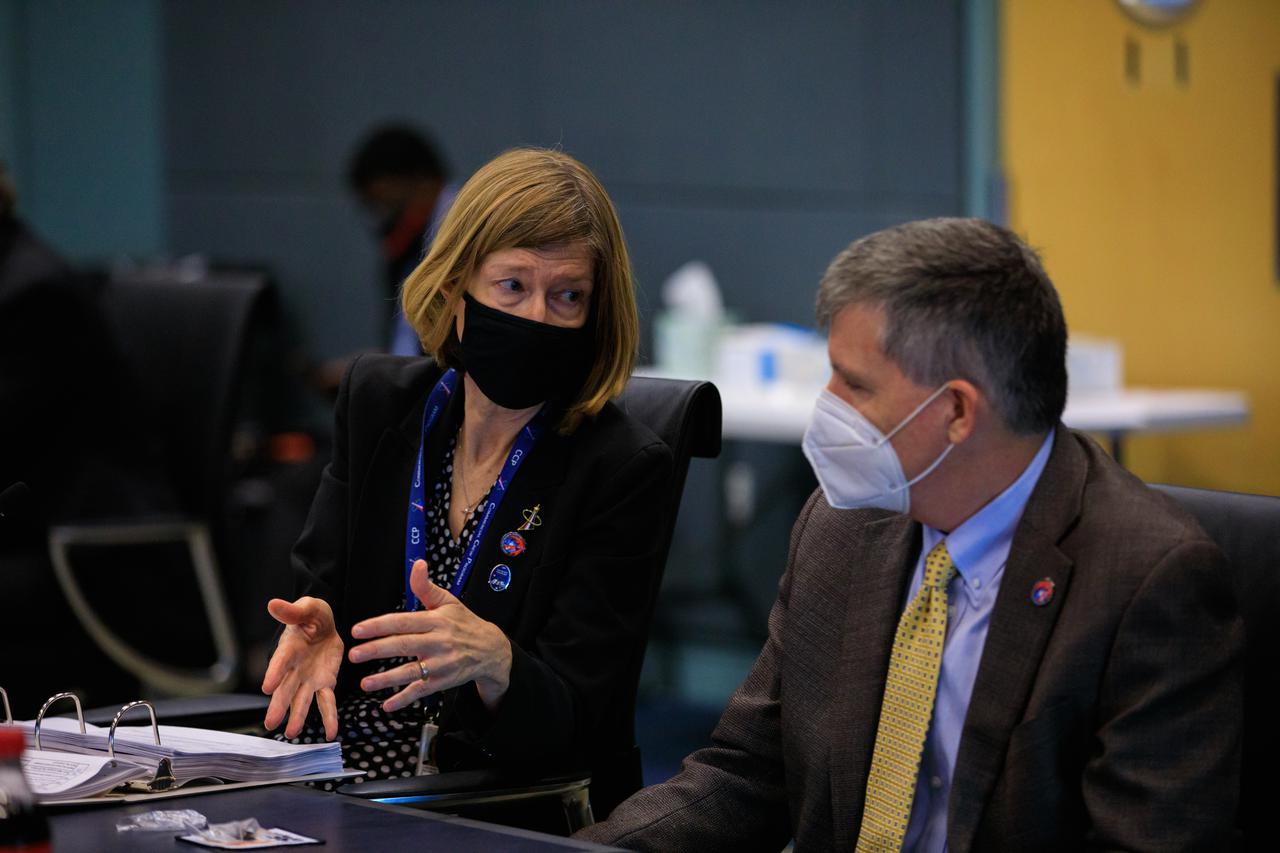 Kathy Lueders, associate administrator, Human Exploration and Operations Mission Directorate, NASA Headquarters, left, talks with Steve Stich, manager, Commercial Crew Program, Kennedy Space Center, during NASA’s SpaceX Crew-2 Flight Readiness Review at Kennedy Space Center on April 15, 2021. The mission is targeted to launch from the Florida Spaceport’s Launch Complex 39A on April 22 at 6:11 a.m. EDT. NASA astronauts Shane Kimbrough and Megan McArthur, JAXA astronaut Akihiko Hoshide, and ESA astronaut Thomas Pesquet will fly to the International Space Station aboard SpaceX’s Crew Dragon Endeavour, powered by the company’s Falcon 9 rocket.