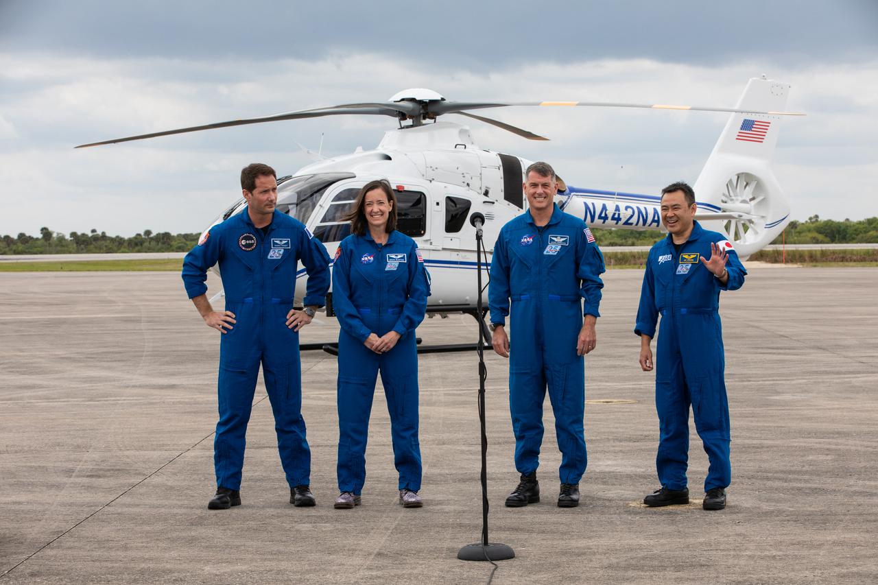 From left to right, Crew-2 mission astronauts Thomas Pesquet (ESA), Megan McArthur (NASA), Shane Kimbrough (NASA) and Akihiko Hoshide (JAXA), arrive at NASA’s Kennedy Space Center in Florida on April 16, 2021. The astronauts departed by plane from Ellington Field near the agency’s Johnson Space Center in Houston, making the short flight and touching down at Kennedy’s Launch and Landing Facility. The astronauts are set to launch on SpaceX’s Falcon 9 rocket and Crew Dragon spacecraft on the second crew rotation mission to the International Space Station as part of NASA’s Commercial Crew Program. Liftoff is targeted for 6:11 a.m. on Earth Day, Thursday, April 22, from Launch Complex 39A at Kennedy.
