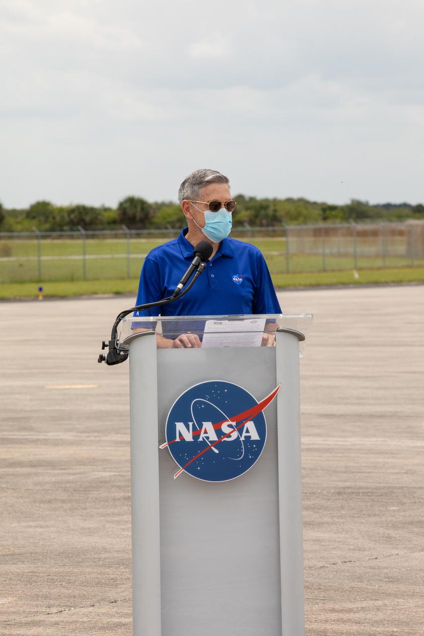 Kennedy Space Center Director Bob Cabana speaks during NASA’s SpaceX Crew-2 arrival media event held at the Florida spaceport on April 16, 2021. NASA astronauts Shane Kimbrough and  Megan McArthur, JAXA astronaut Akihiko Hoshide, and ESA astronaut Thomas Pesquet, who arrived at Kennedy just minutes before the media event, will fly to the International Space Station on NASA’s SpaceX Crew-2 mission. Liftoff is targeted for Thursday, April 22, at 6:11 a.m. EDT.