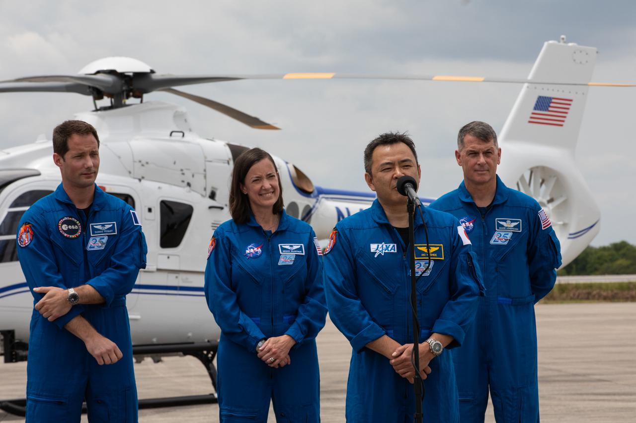 Representatives from NASA participate in a media event at the agency’s Kennedy Space Center in Florida on Friday, April 16, 2021, upon the arrival of NASA astronauts  Shane Kimbrough and Megan McArthur – who will serve as the mission’s spacecraft commander and pilot, respectively – along with JAXA (Japan Aerospace Exploration Agency) astronaut Akihiko Hoshide and ESA (European Space Agency) astronaut Thomas Pesquet, who will serve as mission specialists in advance of NASA’s SpaceX Crew-2 mission to the International Space Station as part of NASA’s Commercial Crew Program. Participants include: NASA Acting Administrator Steve Jurzczyk; Bob Cabana, director, Kennedy Space Center; Junichi Sakai, manager, International Space Station Program, JAXA; Frank de Winne, manager, International Space Station Program, ESA,; NASA astronaut Shane Kimbrough, spacecraft commander; NASA astronaut Megan McArtur, pilot; JAXA astronaut Akihiko Hoshide, mission specialist and ESA astronaut Thomas Pesquet, mission specialist. Launch is currently targeted for 6:11 a.m. ET Thursday, April 22. The SpaceX Crew Dragon spacecraft, name Endeavour by the Crew-2 astronauts, will launch on a Falcon 9 rocket from historic Launch Complex 39A at NASA’s Kennedy Space Center in Florida.