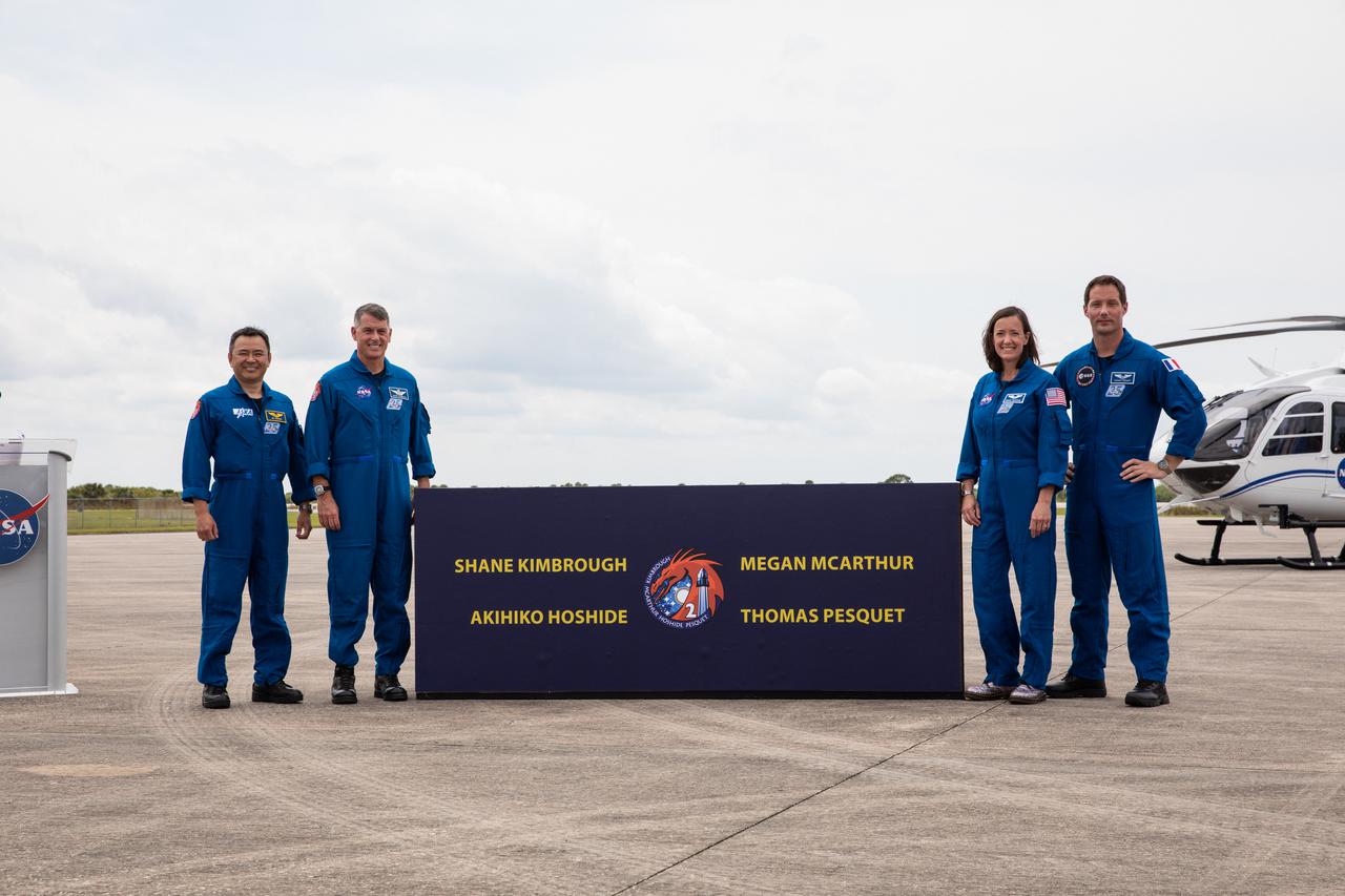 From left to right, Crew-2 mission astronauts Akihiko Hoshide (JAXA), Shane Kimbrough (NASA), Megan McArthur (NASA), and Thomas Pesquet (ESA), arrive at Kennedy Space Center’s Launch and Landing Facility on April 16, 2021. The astronauts departed by plane from Ellington Field near the agency’s Johnson Space Center in Houston, making the short flight and touching down at Kennedy. The Crew-2 mission is set to lift off from Kennedy’s Launch Complex 39A on April 22, at 6:11 a.m. EDT.