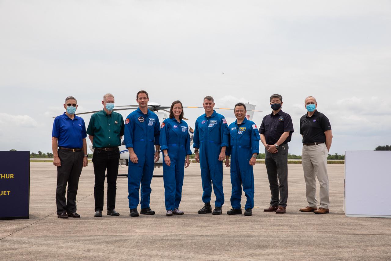 Representatives from NASA participate in a media event at the agency’s Kennedy Space Center in Florida on Friday, April 16, 2021, upon the arrival of NASA astronauts  Shane Kimbrough and Megan McArthur – who will serve as the mission’s spacecraft commander and pilot, respectively – along with JAXA (Japan Aerospace Exploration Agency) astronaut Akihiko Hoshide and ESA (European Space Agency) astronaut Thomas Pesquet, who will serve as mission specialists in advance of NASA’s SpaceX Crew-2 mission to the International Space Station as part of NASA’s Commercial Crew Program. Participants include: NASA Acting Administrator Steve Jurzczyk; Bob Cabana, director, Kennedy Space Center; Junichi Sakai, manager, International Space Station Program, JAXA; Frank de Winne, manager, International Space Station Program, ESA,; NASA astronaut Shane Kimbrough, spacecraft commander; NASA astronaut Megan McArtur, pilot; JAXA astronaut Akihiko Hoshide, mission specialist and ESA astronaut Thomas Pesquet, mission specialist. Launch is currently targeted for 6:11 a.m. ET Thursday, April 22. The SpaceX Crew Dragon spacecraft, name Endeavour by the Crew-2 astronauts, will launch on a Falcon 9 rocket from historic Launch Complex 39A at NASA’s Kennedy Space Center in Florida.