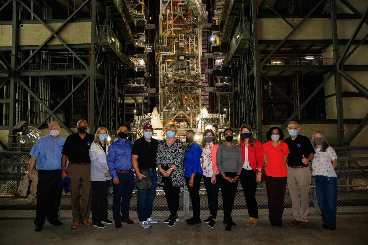 Senior leaders with Kennedy Space Center in Florida, familiarize newly appointed officials from NASA Headquarters with the center’s facilities during a tour on April 19, 2021. The group is in the Vehicle Assembly Building, where NASA’s Space Launch System (SLS) rocket and Orion spacecraft will be stacked on the mobile launcher for Artemis missions. Artemis I will be the first integrated test of SLS and Orion and will pave the way for landing the first woman and first person of color on the lunar surface. It will be a proving ground for deep space exploration, leading the agency’s efforts under the Artemis program for a sustainable presence on the Moon and preparing for human missions to Mars. 