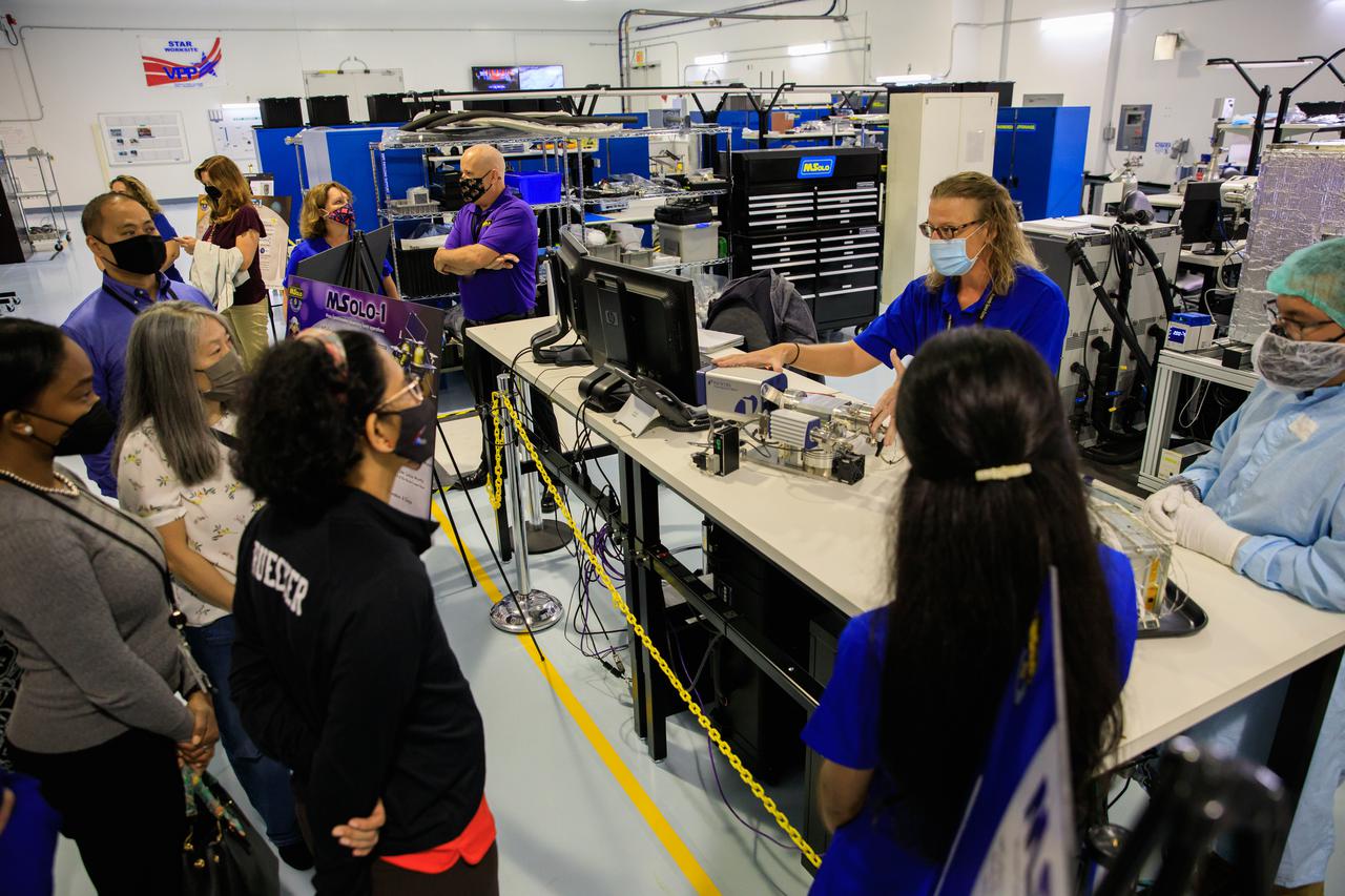 Senior leaders with Kennedy Space Center in Florida, familiarize newly appointed officials from NASA Headquarters with the center’s facilities during a tour on April 19, 2021. The group views research and technology experiments in the Space Station Processing Facility. Janine Captain, the principal investigator for the Mass Spectrometer Observing Lunar Operations, or MSolo, briefs the team about the commercial off the-shelf- mass spectrometer the team at Kennedy has hardened for lunar operations. MSolo will be part of four missions for NASA’s Commercial Lunar Payload Services initiative, including NASA’s Polar Resources Ice Mining Experiment-1 (PRIME-1) and NASA’s Volatiles Investigating Polar Exploration Rover or VIPER.