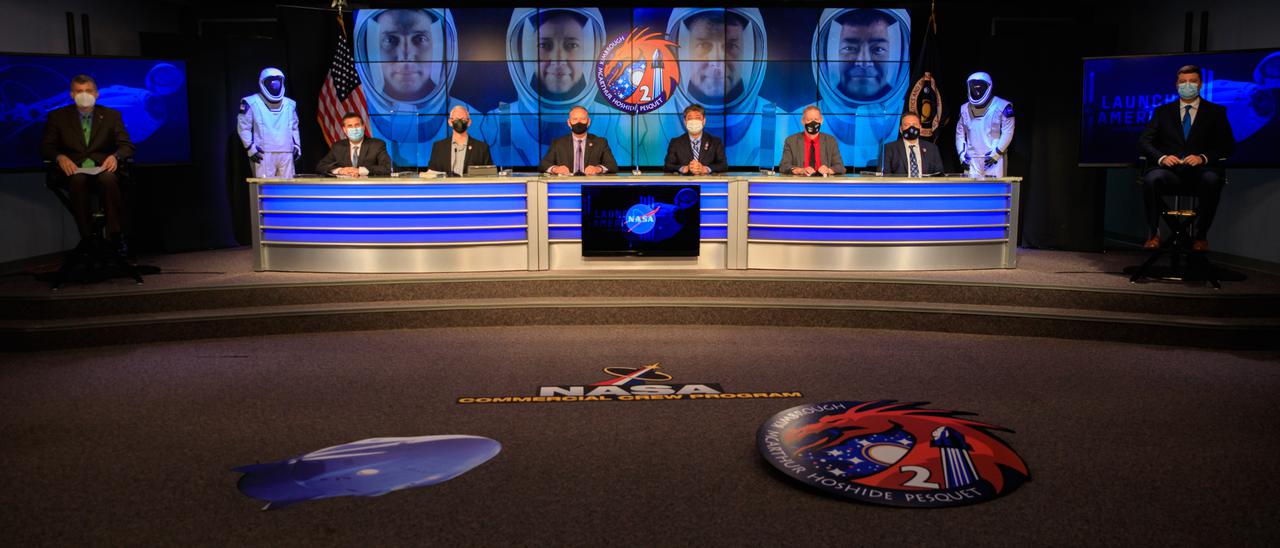 A SpaceX Crew-2 prelaunch news conference was held at NASA’s Kennedy Space Center in Florida on April 20, 2021. Participants included, from left to right: Steve Stich, manager, NASA Commercial Crew Program; Joel Montalbano, manager, International Space Station Program; Benji Reed, senior director, Human Spaceflight Programs, SpaceX; Norm Knight, deputy manager, Flight Operations Directorate; Junichi Sakai, manager, International Space Station Program, JAXA; Frank de Winne, manager, International Space Station Program, ESA; Kirt Costello, chief scientist, International Space Station Program; and Brian Cizek, launch weather officer, 45th Weather Squadron, U.S. Space Force.