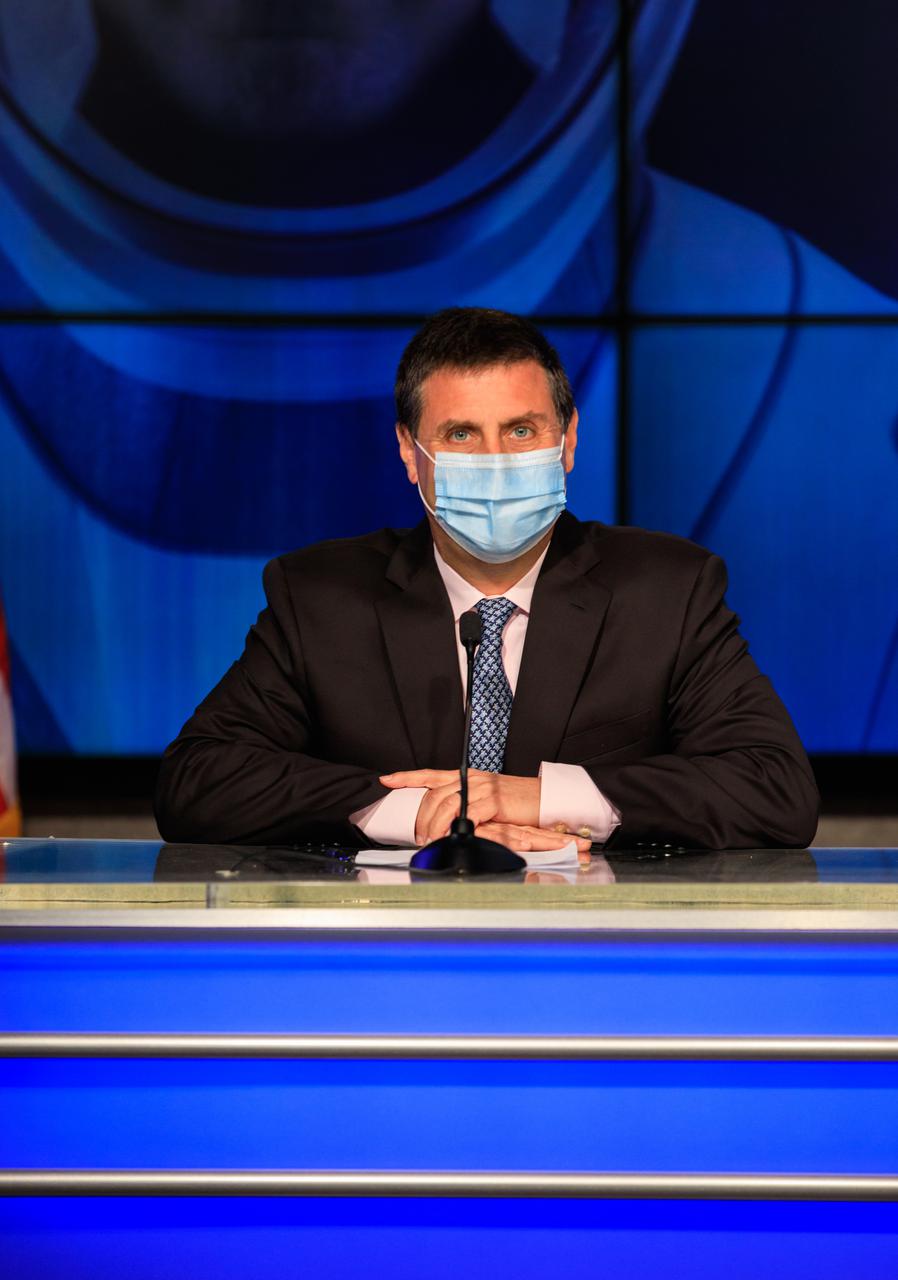 Joel Montalbano, manager, International Space Station Program, is introduced during the SpaceX Crew-2 prelaunch news conference held at NASA’s Kennedy Space Center in Florida on April 20, 2021. NASA astronauts Shane Kimbrough and  Megan McArthur, JAXA astronaut Akihiko Hoshide, and ESA astronaut Thomas Pesquet will fly on Crew-2, the second crew rotation mission to the International Space Station as part of NASA’s Commercial Crew Program. They will launch aboard SpaceX’s Crew Dragon spacecraft, named Endeavour, powered by the company’s Falcon 9 rocket. Liftoff is set for Earth Day, Thursday, April 22, at 6:11 a.m. EDT.