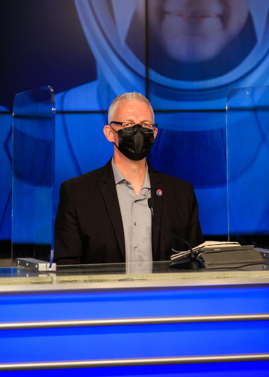 Benji Reed, senior director, Human Spaceflight Programs, SpaceX, is introduced during the SpaceX Crew-2 prelaunch news conference held at NASA’s Kennedy Space Center in Florida on April 20, 2021. NASA astronauts Shane Kimbrough and  Megan McArthur, JAXA astronaut Akihiko Hoshide, and ESA astronaut Thomas Pesquet will fly on Crew-2, the second crew rotation mission to the International Space Station as part of NASA’s Commercial Crew Program. They will launch aboard SpaceX’s Crew Dragon spacecraft, named Endeavour, powered by the company’s Falcon 9 rocket. Liftoff is set for Earth Day, Thursday, April 22, at 6:11 a.m. EDT.