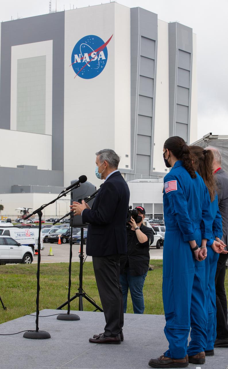 Kennedy Space Center Director Bob Cabana speaks during a NASA Social Facebook Live event April 21, 2021, near the Press Site countdown clock at the Florida Spaceport, ahead of the agency’s SpaceX Crew-2 launch. NASA astronauts Shane Kimbrough and  Megan McArthur, JAXA astronaut Akihiko Hoshide, and ESA astronaut Thomas Pesquet will fly on Crew-2, the second crew rotation mission to the International Space Station as part of NASA’s Commercial Crew Program. They will launch aboard SpaceX’s Crew Dragon spacecraft, named Endeavour, powered by the company’s Falcon 9 rocket. Liftoff is set for Friday, April 23, at 5:49 a.m. EDT.