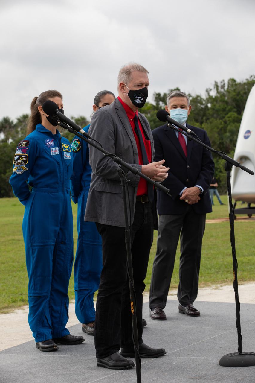 Frank de Winne, manager, International Space Station Program, ESA, speaks during a NASA Social Facebook Live event April 21, 2021, near the Press Site countdown clock at Kennedy Space Center in Florida, ahead of the agency’s SpaceX Crew-2 launch. NASA astronauts Shane Kimbrough and Megan McArthur, JAXA astronaut Akihiko Hoshide, and ESA astronaut Thomas Pesquet will fly on Crew-2, the second crew rotation mission to the International Space Station as part of NASA’s Commercial Crew Program. They will launch aboard SpaceX’s Crew Dragon spacecraft, named Endeavour, powered by the company’s Falcon 9 rocket. Liftoff is set for Friday, April 23, at 5:49 a.m. EDT.