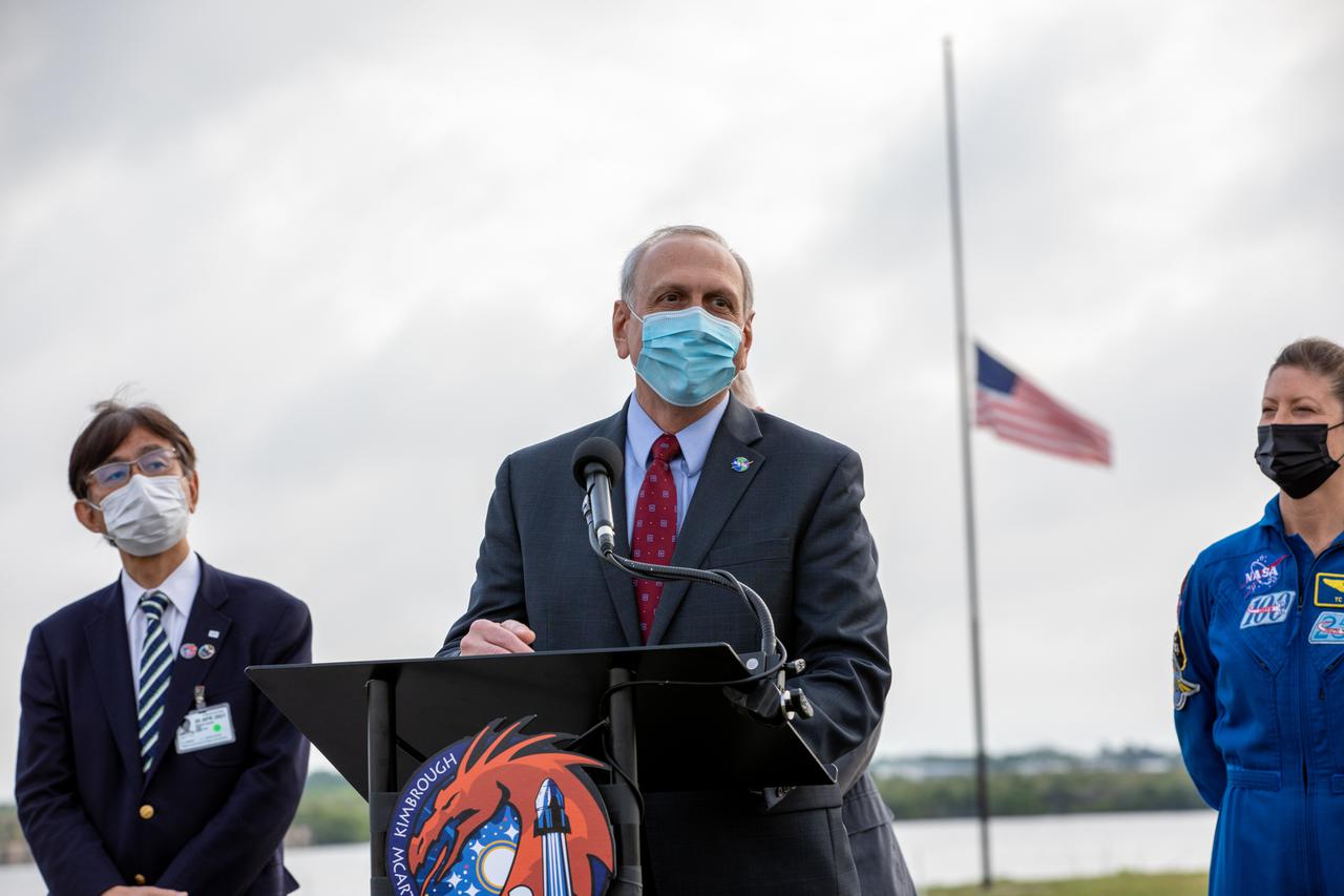 Steve Jurczyk, acting NASA administrator, addresses members of the news media during a press briefing April 21, 2021, near the Press Site countdown clock at NASA’s Kennedy Space Center in Florida ahead of the agency’s SpaceX Crew-2 launch. NASA astronauts Shane Kimbrough and  Megan McArthur, JAXA astronaut Akihiko Hoshide, and ESA astronaut Thomas Pesquet will fly on Crew-2, the second crew rotation mission to the International Space Station as part of NASA’s Commercial Crew Program. They will launch aboard SpaceX’s Crew Dragon spacecraft, named Endeavour, powered by the company’s Falcon 9 rocket. Liftoff is set for Friday, April 23, at 5:49 a.m. EDT.