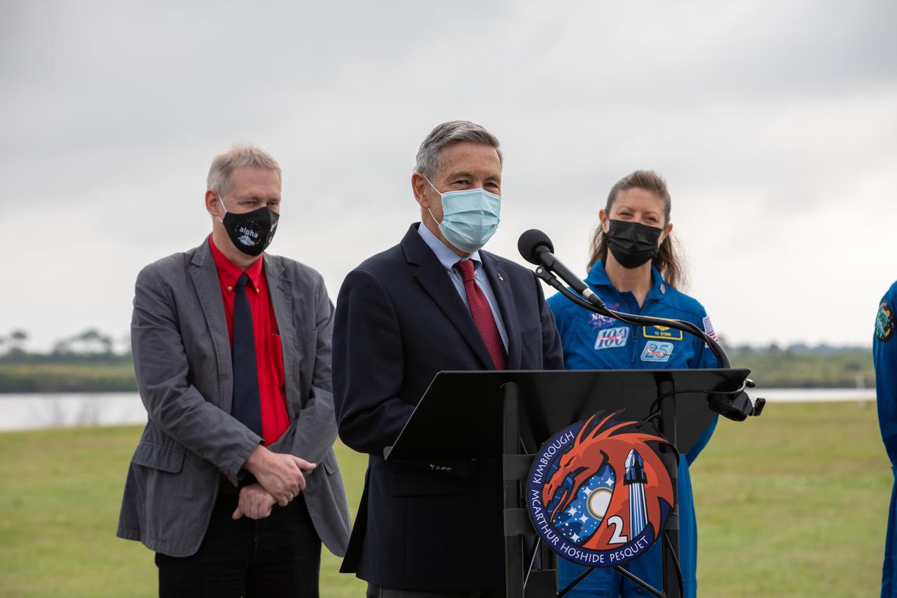 Kennedy Space Center Director Bob Cabana addresses members of the news media during a press briefing April 21, 2021, near the Press Site countdown clock at Kennedy ahead of the agency’s SpaceX Crew-2 launch. NASA astronauts Shane Kimbrough and  Megan McArthur, JAXA astronaut Akihiko Hoshide, and ESA astronaut Thomas Pesquet will fly on Crew-2, the second crew rotation mission to the International Space Station as part of NASA’s Commercial Crew Program. They will launch aboard SpaceX’s Crew Dragon spacecraft, named Endeavour, powered by the company’s Falcon 9 rocket. Liftoff is set for Friday, April 23, at 5:49 a.m. EDT.