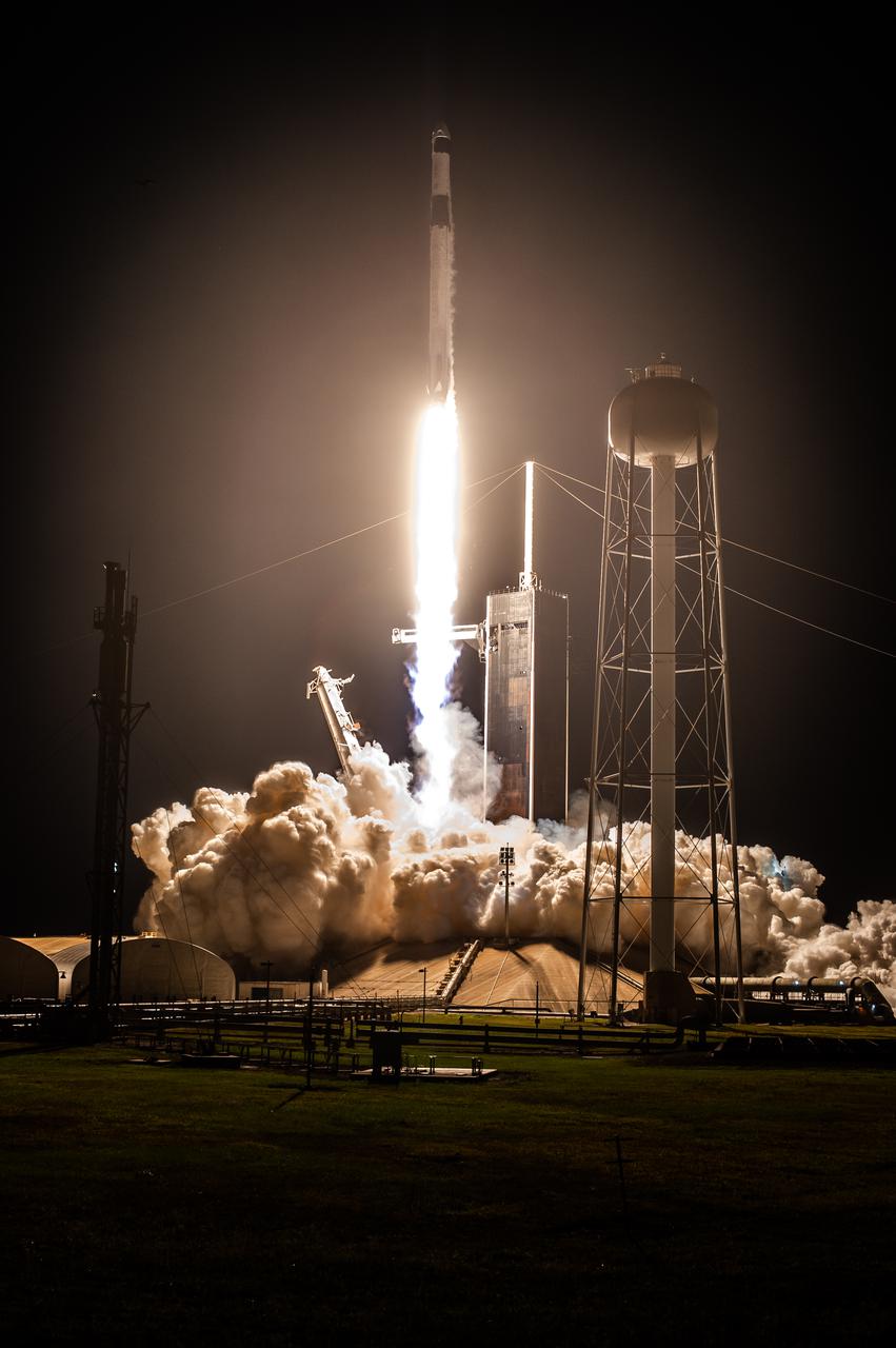 A SpaceX Falcon 9 rocket lifts off at 5:49 a.m. EDT from Launch Complex 39A at NASA’s Kennedy Space Center in Florida on April 23, 2021, carrying the company’s Crew Dragon Endeavour. Onboard the capsule are NASA astronaut Shane Kimbrough, spacecraft commander; NASA astronaut Megan McArthur, pilot; ESA astronaut Thomas Pesquet, mission specialist; and JAXA astronaut Akihiko Hoshide, mission specialist. NASA’s SpaceX Crew-2 mission crew will dock to Harmony module’s forward-facing international docking adapter of the International Space Station Saturday, April 24, at 5:10 a.m.