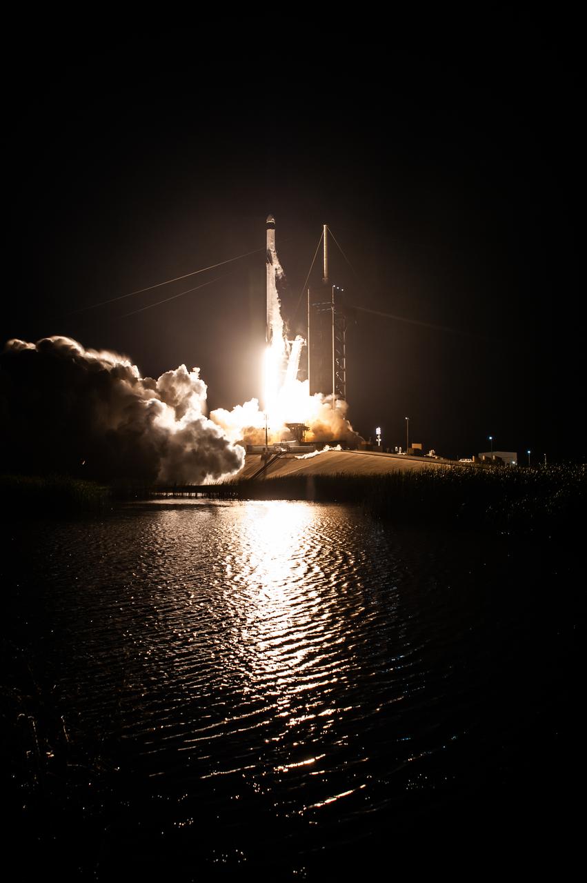 A SpaceX Falcon 9 rocket lifts off at 5:49 a.m. EDT from Launch Complex 39A at NASA’s Kennedy Space Center in Florida on April 23, 2021, carrying the company’s Crew Dragon Endeavour. Onboard the capsule are NASA astronaut Shane Kimbrough, spacecraft commander; NASA astronaut Megan McArthur, pilot; ESA astronaut Thomas Pesquet, mission specialist; and JAXA astronaut Akihiko Hoshide, mission specialist. NASA’s SpaceX Crew-2 mission crew will dock to Harmony module’s forward-facing international docking adapter of the International Space Station Saturday, April 24, at 5:10 a.m.
