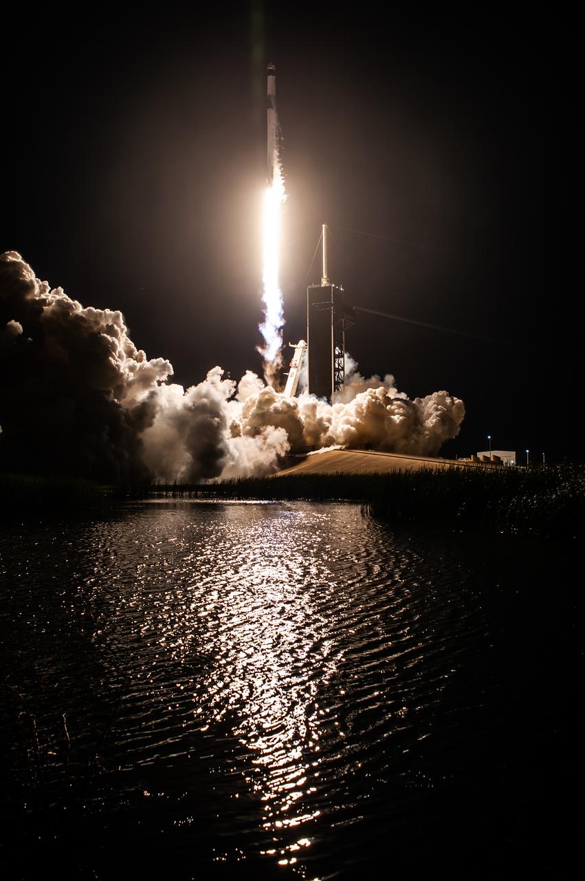 A SpaceX Falcon 9 rocket lifts off at 5:49 a.m. EDT from Launch Complex 39A at NASA’s Kennedy Space Center in Florida on April 23, 2021, carrying the company’s Crew Dragon Endeavour. Onboard the capsule are NASA astronaut Shane Kimbrough, spacecraft commander; NASA astronaut Megan McArthur, pilot; ESA astronaut Thomas Pesquet, mission specialist; and JAXA astronaut Akihiko Hoshide, mission specialist. NASA’s SpaceX Crew-2 mission crew will dock to Harmony module’s forward-facing international docking adapter of the International Space Station Saturday, April 24, at 5:10 a.m.