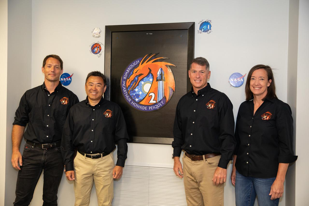 From left, ESA astronaut Thomas Pesquet, JAXA astronaut Akihiko Hoshide, and NASA astronauts Shane Kimbrough and Megan McArthur pose inside the Astronaut Crew Quarters in the Neil Armstrong Operations and Checkout Building at NASA’s Kennedy Space Center in Florida on April 23, 2021. NASA SpaceX’s Crew-2 astronauts will have breakfast before suiting up for the mission. Crew-2 is the second regular crew mission of a U.S. commercial spacecraft with astronauts to the International Space Station as part of NASA’s Commercial Crew Program. The SpaceX Crew Dragon Endeavour will launch atop the company’s Falcon 9 rocket from Launch Complex 39A to the space station for a six-month science mission.