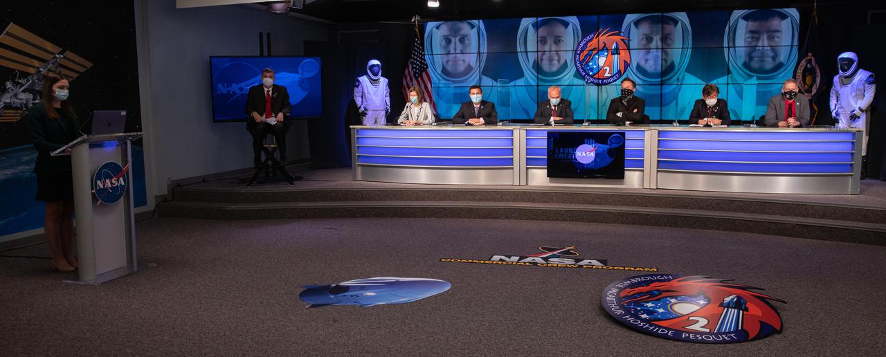 A postlaunch news conference for NASA’s SpaceX Crew-2 mission is held at Kennedy Space Center in Florida on April 23, 2021. From left, participants are: moderator Jackie McGuinness, NASA press secretary; Steve Stich, manager, Commercial Crew Program, NASA’s Kennedy Space Center; Kathy Lueders, associate administrator, Human Exploration and Operations Mission Directorate, NASA Headquarters; Joel Montalbano, manager, International Space Station Program; Steve Jurczyk, acting administrator, NASA; Elon Musk, CEO and lead designer, SpaceX; Hiroshi Sasaki, vice president and director general, JAXA’s Human Spaceflight Technology Directorate; and Frank de Winne, manager, International Space Station Program, ESA. Liftoff time on a SpaceX Falcon 9 rocket was at 5:49 a.m. EDT. Crew Dragon Endeavour is carrying NASA astronaut Shane Kimbrough, spacecraft commander; NASA astronaut Megan McArthur, pilot; ESA astronaut Thomas Pesquet, mission specialist; and JAXA astronaut Akihiko Hoshide, mission specialist, to the international Space Station.
