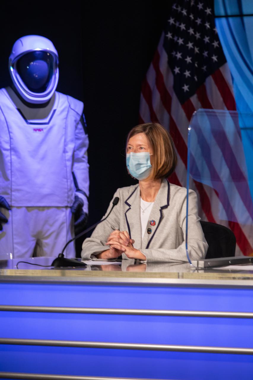 Kathy Lueders, associate administrator, Human Exploration and Operations Mission Directorate, NASA Headquarters, participates in a postlaunch news conference for NASA’s SpaceX Crew-2 mission on April 23, 2021, at Kennedy Space Center in Florida. Liftoff time on a Falcon 9 rocket was at 5:49 p.m. EDT. Crew Dragon Endeavour is carrying NASA astronaut Shane Kimbrough, spacecraft commander; NASA astronaut Megan McArthur, pilot; ESA astronaut Thomas Pesquet, mission specialist; and JAXA astronaut Akihiko Hoshide, mission specialist, to the International Space Station. Crew-2 is the second regular crew mission of a U.S. commercial spacecraft with astronauts to the space station as part of NASA’s Commercial Crew Program. Endeavour will dock with the station and the crew will remain on the orbiting laboratory for a six-month science mission.