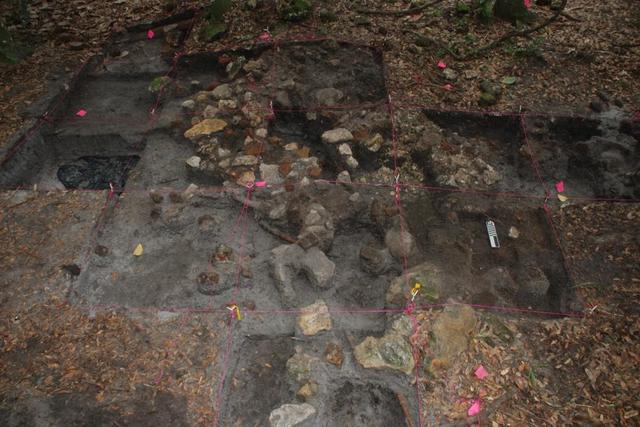 Archeological ruins of Elliot Plantation are revealed through the oak hammock on NASA’s Kennedy Space Center in Florida in 2009. Pictured is a structure composed of coquina blocks from a hearth of a large dwelling, determined to be that of the plantation overseer. The use of coquina is consistent with high-status building materials of the period. Mapped in this photo are the remnants of a chimney collapse from a detached kitchen in the overseer’s house. An enormous scatter of architectural debris, including coquina, fieldstone, brick and mortar, as well as substantial food remains, broken dishes, bottle glass, and other kitchen wares, were recovered and documented during investigations of the ruins. The ruins of Elliot Plantation date from the 1760s and represent the largest, earliest, and southernmost British period sugar plantation in the U.S., as well as one of the most intact and best examples of a completely preserved enslaved landscape. In interagency cooperation between the National Park Service, the U.S. Fish and Wildlife Service, and NASA, and with the assistance of volunteers from the Indian River Anthropological Society, and historic preservation offices of Brevard and Volusia counties, approximately 200 shovel tests and 20 excavation units were completed in three areas of the plantation complex from 2008 to 2009.