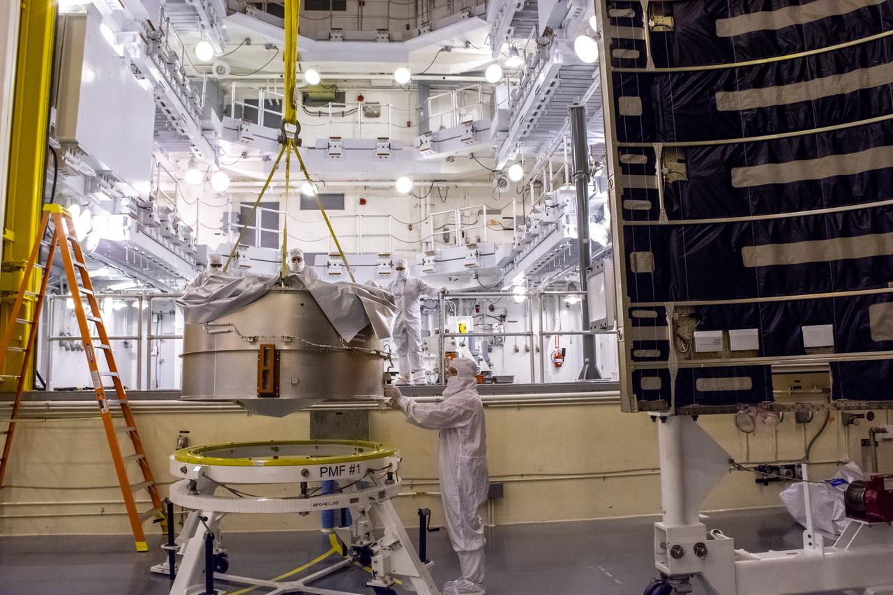 Inside the Integrated Processing Facility at Vandenberg Space Force Base in California, United Launch Alliance (ULA) technicians move the launch vehicle adapter for the ULA Atlas V rocket for NASA’s Landsat 9 satellite on June 22, 2021. Landsat 9 is scheduled to launch atop the Atlas V from Vandenberg in September 2021. The launch is being managed by NASA’s Launch Services Program based at Kennedy Space Center in Florida. Landsat 9 will continue the nearly 50-year legacy of previous Landsat missions. It will monitor key natural and economic resources from orbit. Landsat 9 is managed by the agency’s Goddard Space Flight Center in Greenbelt, Maryland. It will carry two instruments: the Operational Land Imager 2, which collects images of Earth’s landscapes in visible, near-infrared and shortwave infrared light, and the Thermal Infrared Sensor 2, which measures the temperature of land surfaces. Like its predecessors, Landsat 9 is a joint mission between NASA and the U.S. Geological Survey.