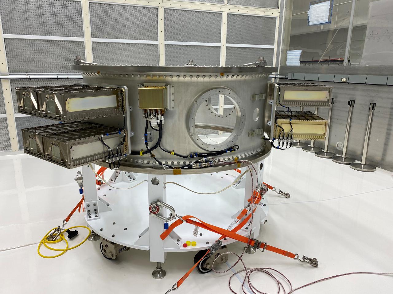 Mechanical and electrical support equipment for NASA’s Landsat 9 observatory are being processed inside the Integrated Processing Facility at Vandenberg Space Force Base in California, on June 24, 2021. The equipment includes a secondary payload adapter and flight system for a group of microsat payloads, called CubeSats, that will launch with Landsat 9 as secondary payloads. Landsat 9 will launch on a United Launch Alliance Atlas V rocket from Space Launch Complex 3 at Vandenberg in September 2021. The launch is being managed by NASA’s Launch Services Program based at Kennedy Space Center, America’s multiuser spaceport. The Landsat 9 satellite will continue the nearly 50-year legacy of previous Landsat missions. It will monitor key natural and economic resources from orbit. Landsat 9 is managed by the agency’s Goddard Space Flight Center in Greenbelt, Maryland. The satellite will carry two instruments: the Operational Land Imager 2, which collects images of Earth’s landscapes in visible, near infrared and shortwave infrared light, and the Thermal Infrared Sensor 2, which measures the temperature of land surfaces. Like its predecessors, Landsat 9 is a joint mission between NASA and the U.S. Geological Survey. 