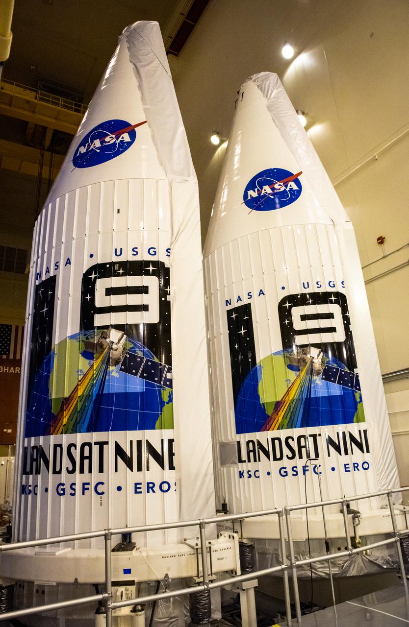 The two instruments that make up the satellite for the Landsat 9 mission are seen inside the protective payload fairings following their arrival at Vandenberg Space Force Base in California on July 7, 2021. The fairings will encapsulate the satellite for its launch atop the United Launch Alliance Atlas V rocket from Vandenberg in September 2021. The launch is being managed by NASA’s Launch Services Program based at Kennedy Space Center in Florida, America’s multi-user spaceport. The Landsat 9 satellite will continue the nearly 50-year legacy of previous Landsat missions. It will monitor key natural and economic resources from orbit. Landsat 9 is managed by the agency’s Goddard Space Flight Center in Greenbelt, Maryland. The satellite will carry two instruments: the Operational Land Imager 2, which collects images of Earth’s landscapes in visible, near infrared and shortwave infrared light, and the Thermal Infrared Sensor 2, which measures the temperature of land surfaces. Like its predecessors, Landsat 9 is a joint mission between NASA and the U.S. Geological Survey.