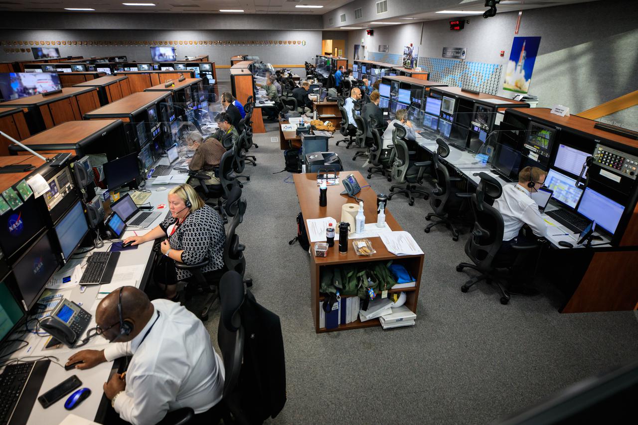 Teams at NASA’s Kennedy Space Center in Florida participate in the first joint integrated launch countdown simulation for Artemis I inside the Launch Control Center on July 8, 2021. The training exercise involved engineers from Kennedy, Marshall Space Flight Center in Alabama, and Johnson Space Center in Houston coming together to rehearse all aspects of the launch countdown, from cryogenic loading – filling tanks in the Space Launch System (SLS) rocket’s core stage with liquid hydrogen and liquid oxygen – to liftoff. These simulations will help certify that the launch team is ready for Artemis I – the first test flight of SLS and Orion as an integrated system prior to crewed flights to the Moon.