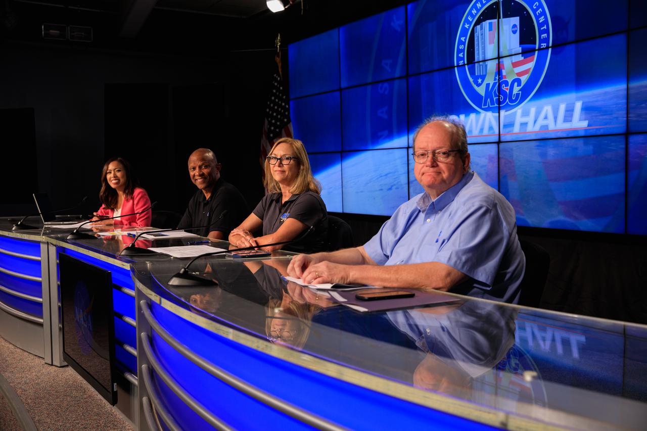 From left to right, Megan Cruz, NASA Communications; Kelvin Manning, Kennedy Space Center deputy director; Janet Petro, Kennedy director; and Burt Summerfield, Kennedy associate director, management participate in a virtual town hall meeting at the Florida spaceport on July 9, 2021. Topics included the center’s COVID-19 status, Kennedy missions and milestones, and the agency budget request. Employees at Kennedy had the opportunity to send in questions, which were answered by the center’s senior leaders.