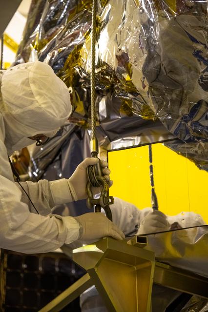 NASA image: Landsat 9 Spacecraft (Observatory) Lift to Fixture Structure