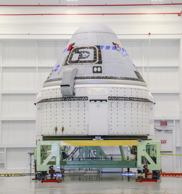 The Boeing CST-100 Starliner spacecraft to be flown on Orbital Flight Test-2 (OFT-2) is seen in the Commercial Crew and Cargo Processing Facility at NASA’s Kennedy Space Center in Florida on July 12, 2021. Part of the agency’s Commercial Crew Program, OFT-2 is a critical developmental milestone on the company’s path to fly crew missions for NASA.