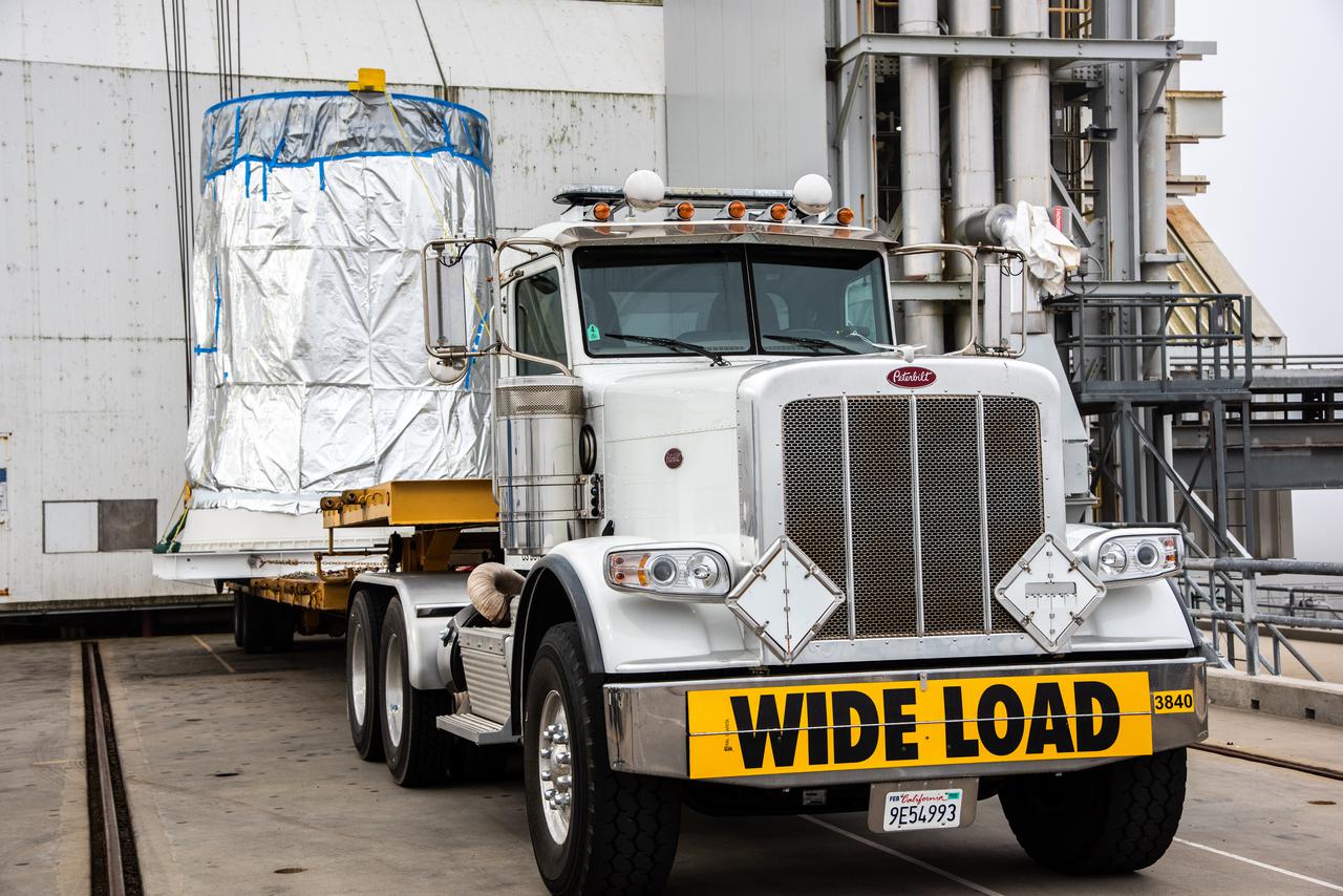The interstage and assembly second stage adapters for the United Alliance Centaur Atlas V for NASA’s Landsat 9 mission are lifted by crane from a flatbed truck at Space Launch Complex 3 at Vandenberg Space Force Base in California, on July 14, 2021. The adapters will be stacked atop the Centaur second stage in the Vertical Integration Facility near the launch pad. The Landsat 9 mission will launch atop the Atlas V rocket from Vandenberg in September 2021. The launch is being managed by NASA’s Launch Services Program based at Kennedy Space Center, America’s multiuser spaceport. The Landsat 9 satellite will continue the nearly 50-year legacy of previous Landsat missions. It will monitor key natural and economic resources from orbit. Landsat 9 is managed by the agency’s Goddard Space Flight Center in Greenbelt, Maryland. The satellite will carry two instruments: the Operational Land Imager 2, which collects images of Earth’s landscapes in visible, near infrared and shortwave infrared light, and the Thermal Infrared Sensor 2, which measures the temperature of land surfaces. Like its predecessors, Landsat 9 is a joint mission between NASA and the U.S. Geological Survey.