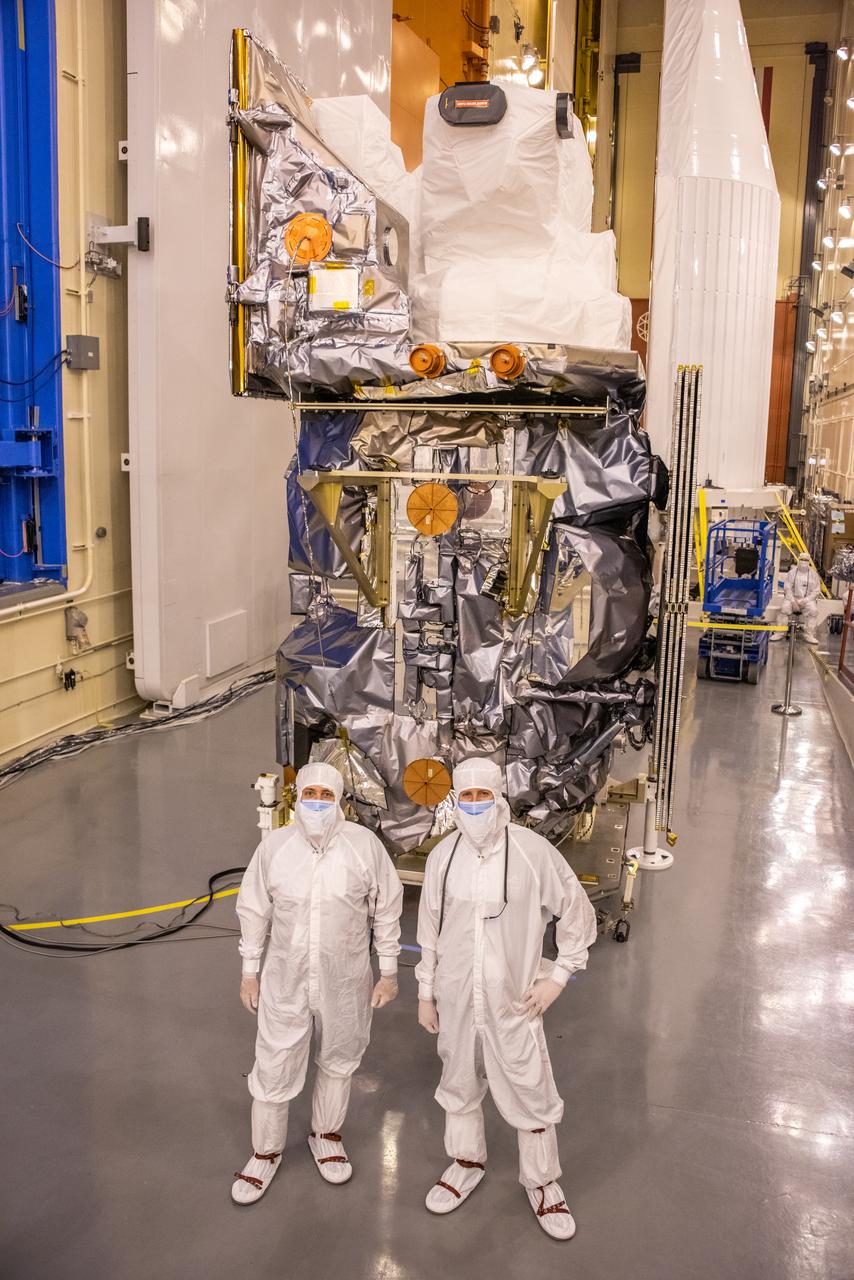 The Landsat 9 spacecraft (observatory) cover is removed inside the Integrated Processing Facility at Vandenberg Space Force Base in California. 