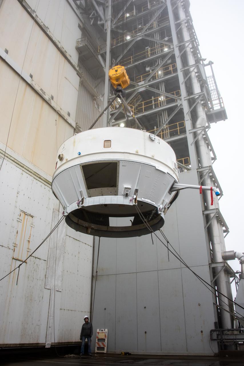 The Atlas V boat tail for the Landsat 9 mission is lifted and mated at Vandenberg Space Force Base’s Space Launch Complex 3 in California on July 17, 2021. The Landsat 9 mission launch, which is being managed by NASA’s Launch Services Program based at Kennedy Space Center in Florida, is targeted for no earlier than Sept. 27, 2021. Landsat 9 will monitor key natural and economic resources from orbit. The satellite will carry two instruments: the Operational Land Imager 2, which collects images of Earth’s landscapes in visible, near infrared and shortwave infrared light, and the Thermal Infrared Sensor 2, which measures the temperature of land surfaces. Landsat 9 is a joint mission between NASA and the U.S. Geological Survey.