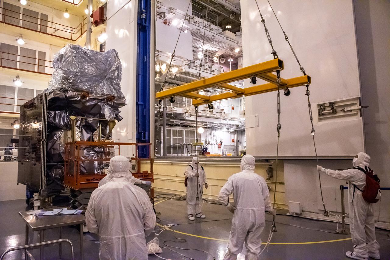 Technicians prepare NASA’s Landsat 9 spacecraft for its move from the high bay to Cell 3 inside the Integrated Processing Facility at Vandenberg Space Force Base in California, on July 20, 2021. Landsat 9 will launch on a United Launch Alliance Atlas V rocket from Space Launch Complex 3 at Vandenberg in September 2021. The launch is being managed by NASA’s Launch Services Program based at Kennedy Space Center, America’s multi-user spaceport. The Landsat 9 satellite will continue the nearly 50-year legacy of previous Landsat missions. It will monitor key natural and economic resources from orbit. Landsat 9 is managed by the agency’s Goddard Space Flight Center in Greenbelt, Maryland. The satellite will carry two instruments: the Operational Land Imager 2, which collects images of Earth’s landscapes in visible, near infrared and shortwave infrared light, and the Thermal Infrared Sensor 2, which measures the temperature of land surfaces. Like its predecessors, Landsat 9 is a joint mission between NASA and the U.S. Geological Survey.