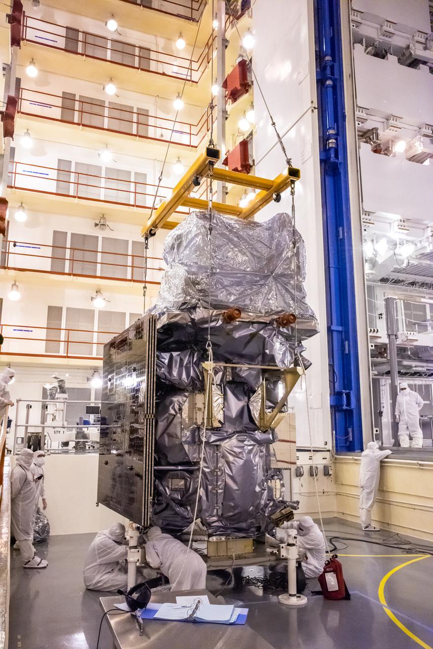 Technicians prepare NASA’s Landsat 9 spacecraft for its move from the high bay to Cell 3 inside the Integrated Processing Facility at Vandenberg Space Force Base in California, on July 20, 2021. Landsat 9 will launch on a United Launch Alliance Atlas V rocket from Space Launch Complex 3 at Vandenberg in September 2021. The launch is being managed by NASA’s Launch Services Program based at Kennedy Space Center, America’s multi-user spaceport. The Landsat 9 satellite will continue the nearly 50-year legacy of previous Landsat missions. It will monitor key natural and economic resources from orbit. Landsat 9 is managed by the agency’s Goddard Space Flight Center in Greenbelt, Maryland. The satellite will carry two instruments: the Operational Land Imager 2, which collects images of Earth’s landscapes in visible, near infrared and shortwave infrared light, and the Thermal Infrared Sensor 2, which measures the temperature of land surfaces. Like its predecessors, Landsat 9 is a joint mission between NASA and the U.S. Geological Survey.