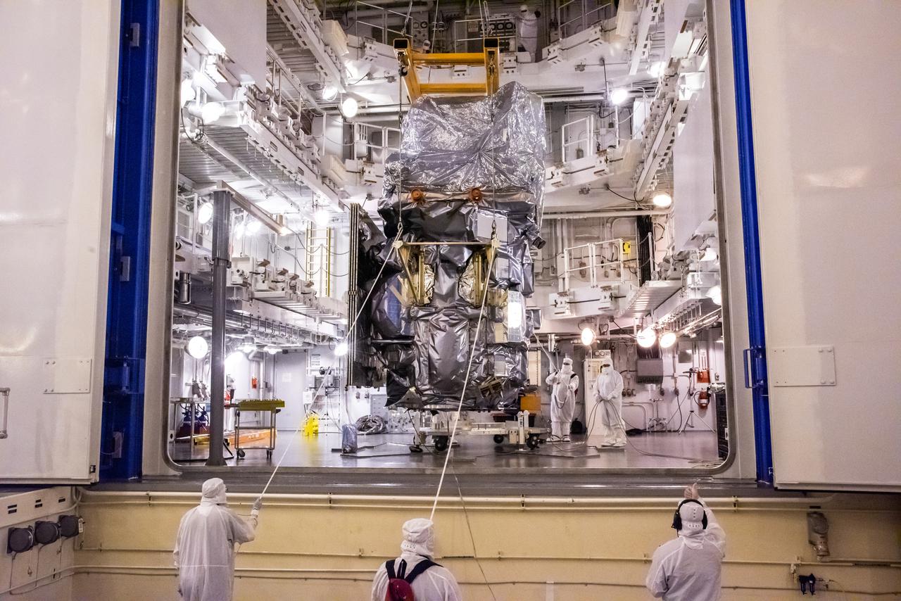Technicians secure NASA’s Landsat 9 spacecraft in Cell 3 inside the Integrated Processing Facility at Vandenberg Space Force Base in California, on July 20, 2021. Landsat 9 will launch on a United Launch Alliance Atlas V rocket from Space Launch Complex 3 at Vandenberg in September 2021. The launch is being managed by NASA’s Launch Services Program based at Kennedy Space Center, America’s multi-user spaceport. The Landsat 9 satellite will continue the nearly 50-year legacy of previous Landsat missions. It will monitor key natural and economic resources from orbit. Landsat 9 is managed by the agency’s Goddard Space Flight Center in Greenbelt, Maryland. The satellite will carry two instruments: the Operational Land Imager 2, which collects images of Earth’s landscapes in visible, near infrared and shortwave infrared light, and the Thermal Infrared Sensor 2, which measures the temperature of land surfaces. Like its predecessors, Landsat 9 is a joint mission between NASA and the U.S. Geological Survey.