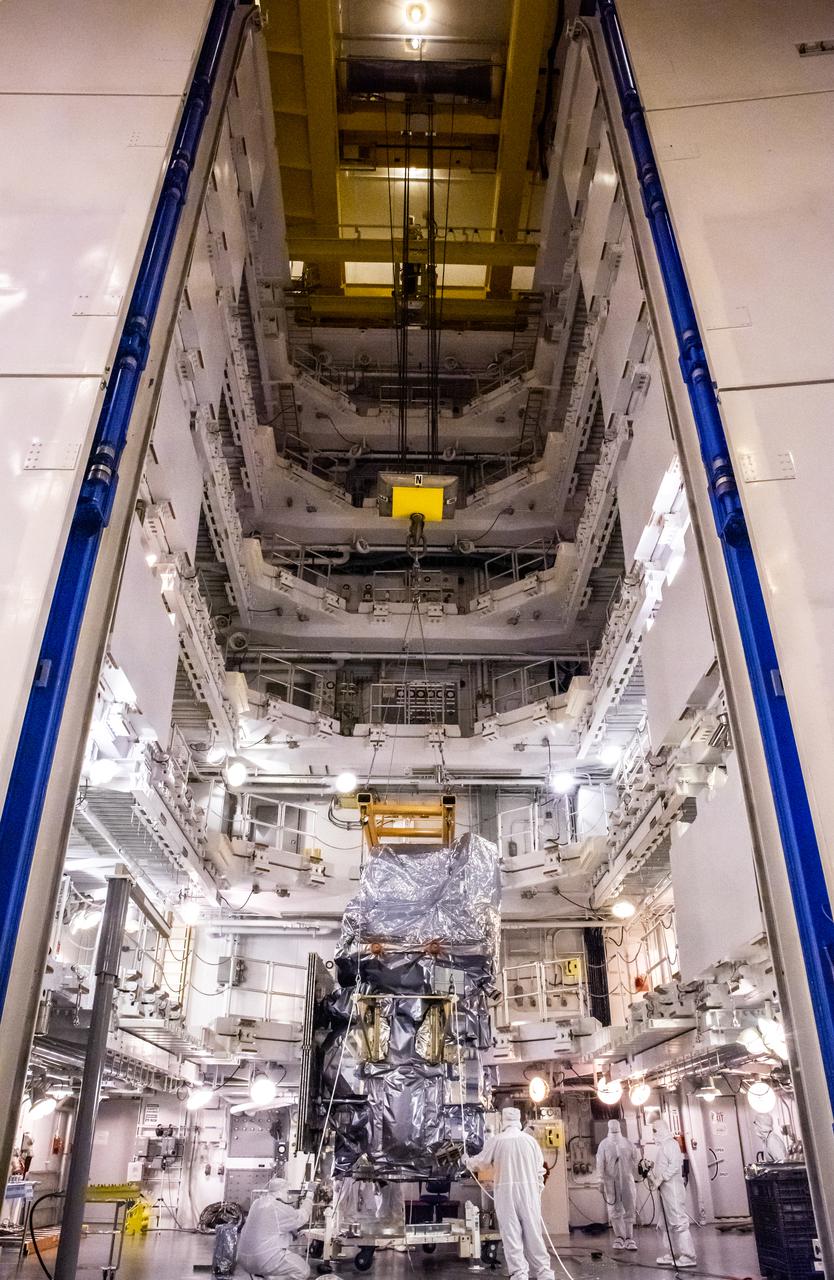 Technicians secure NASA’s Landsat 9 spacecraft in Cell 3 inside the Integrated Processing Facility at Vandenberg Space Force Base in California, on July 20, 2021. Landsat 9 will launch on a United Launch Alliance Atlas V rocket from Space Launch Complex 3 at Vandenberg in September 2021. The launch is being managed by NASA’s Launch Services Program based at Kennedy Space Center, America’s multi-user spaceport. The Landsat 9 satellite will continue the nearly 50-year legacy of previous Landsat missions. It will monitor key natural and economic resources from orbit. Landsat 9 is managed by the agency’s Goddard Space Flight Center in Greenbelt, Maryland. The satellite will carry two instruments: the Operational Land Imager 2, which collects images of Earth’s landscapes in visible, near infrared and shortwave infrared light, and the Thermal Infrared Sensor 2, which measures the temperature of land surfaces. Like its predecessors, Landsat 9 is a joint mission between NASA and the U.S. Geological Survey.